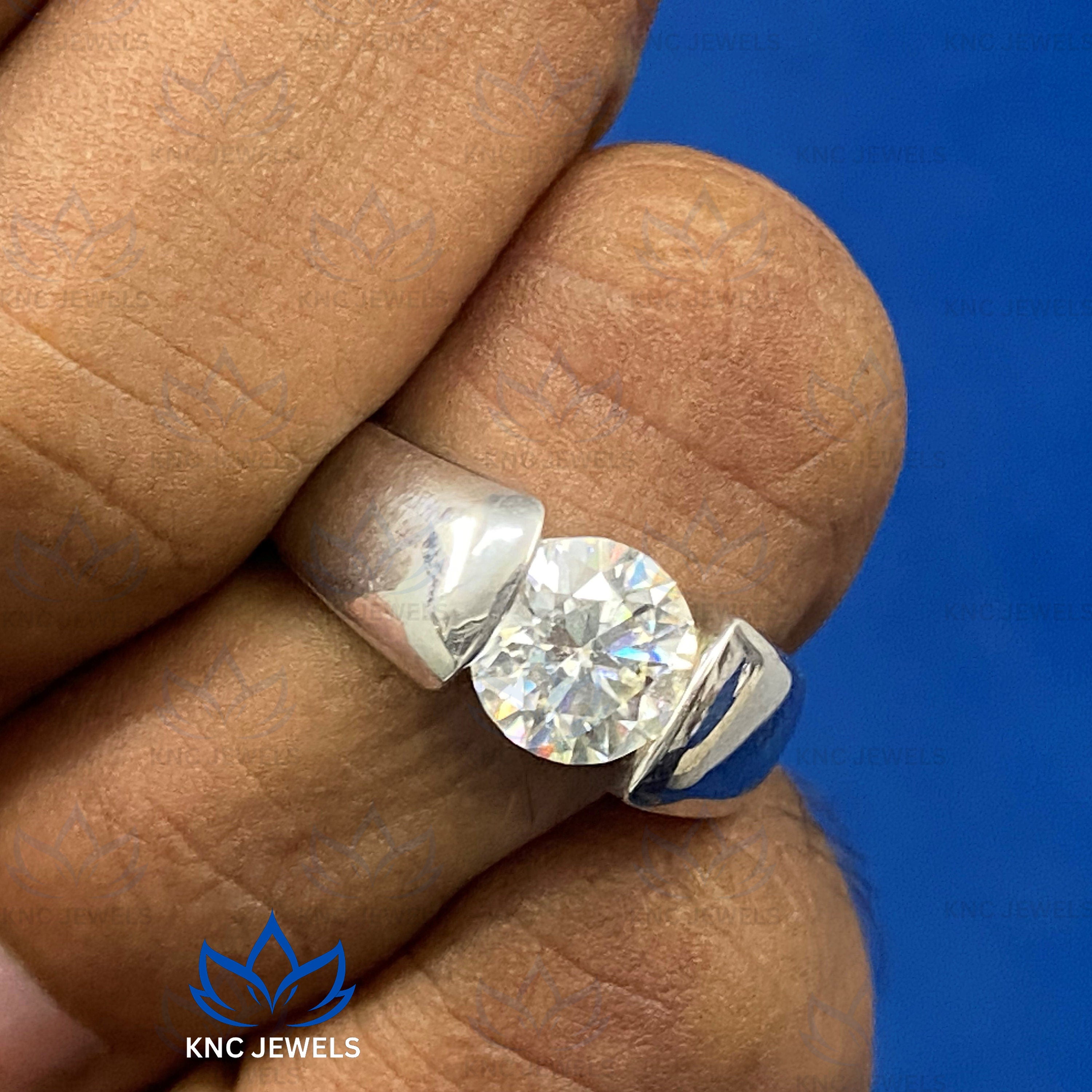 Lab Grown Diamond Mens Ring: 14K White Gold Solitaire Wedding Band