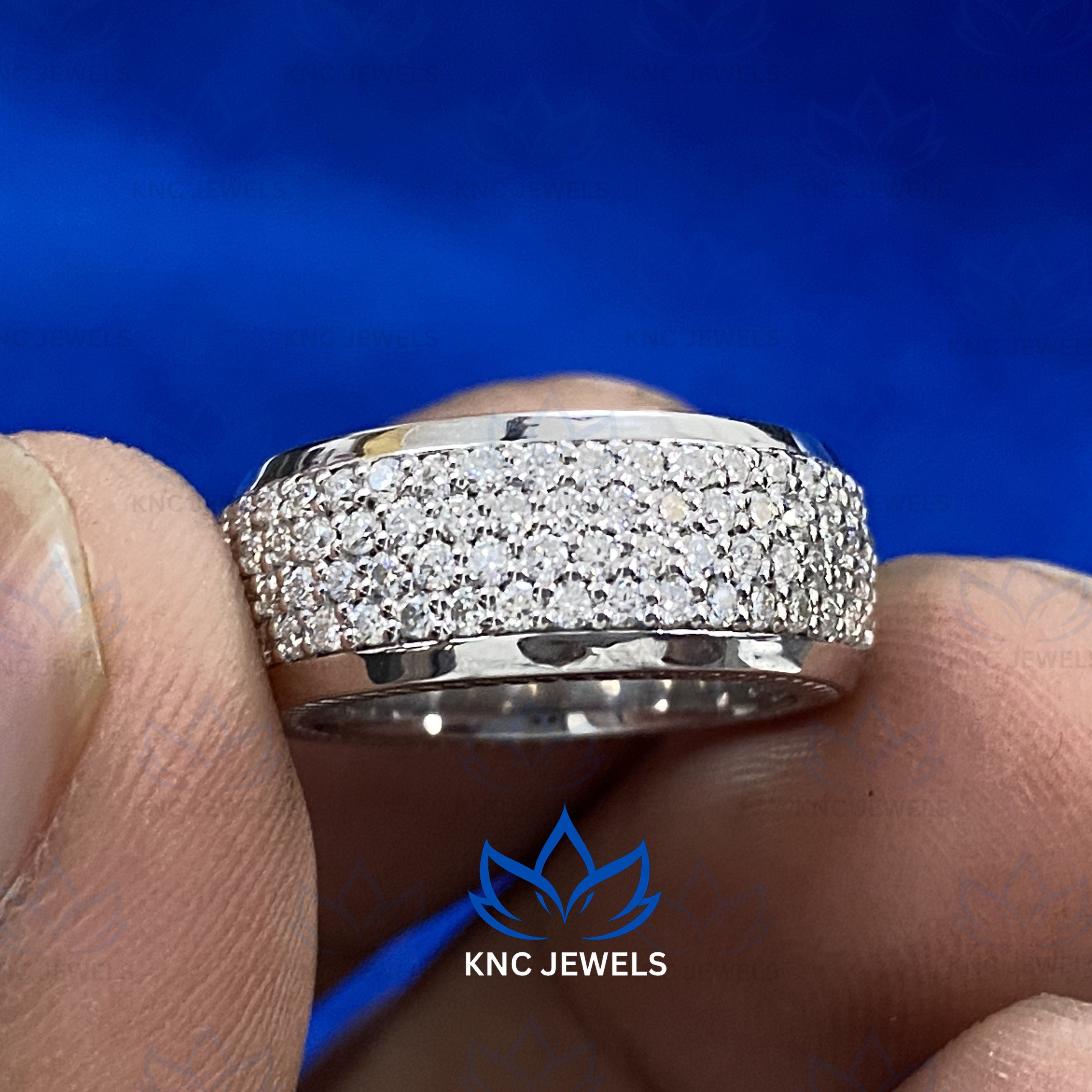 Mens Moissanite Wedding Band, Sterling Silver Pave Ring, Round Cut Anniversary Band, 925 Silver Ring for Husband, VVS1 Engagement Gift