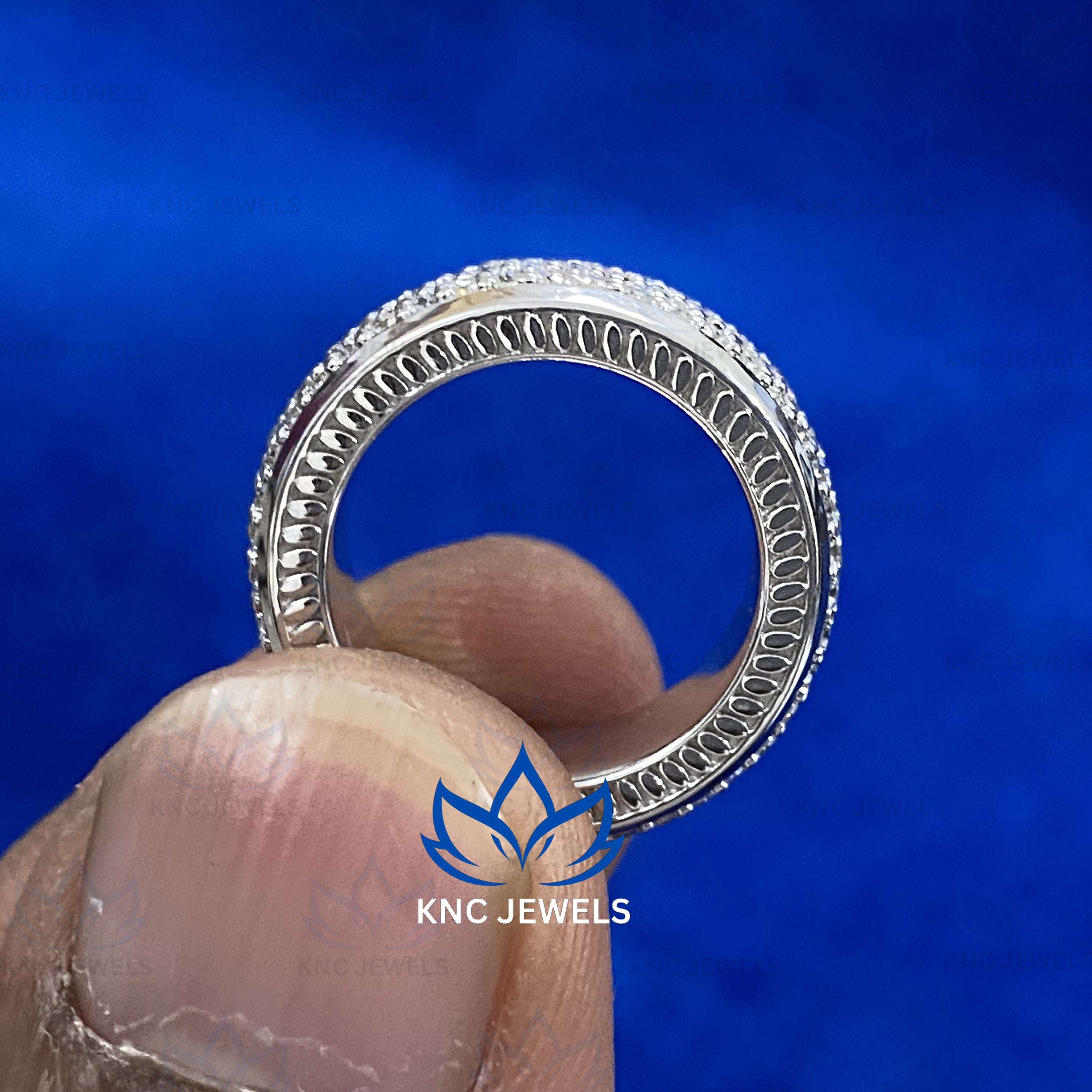 Mens Moissanite Wedding Band, Sterling Silver Pave Ring, Round Cut Anniversary Band, 925 Silver Ring for Husband, VVS1 Engagement Gift