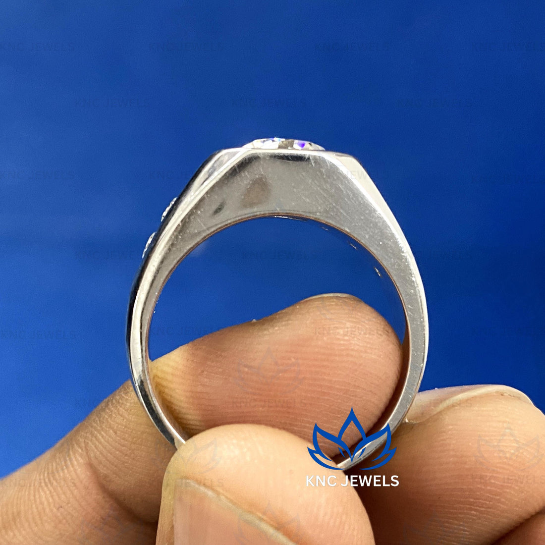 Men's Moissanite Ring: Round Cut Half Bezel Solitaire, 14K White Gold Sterling Silver Band