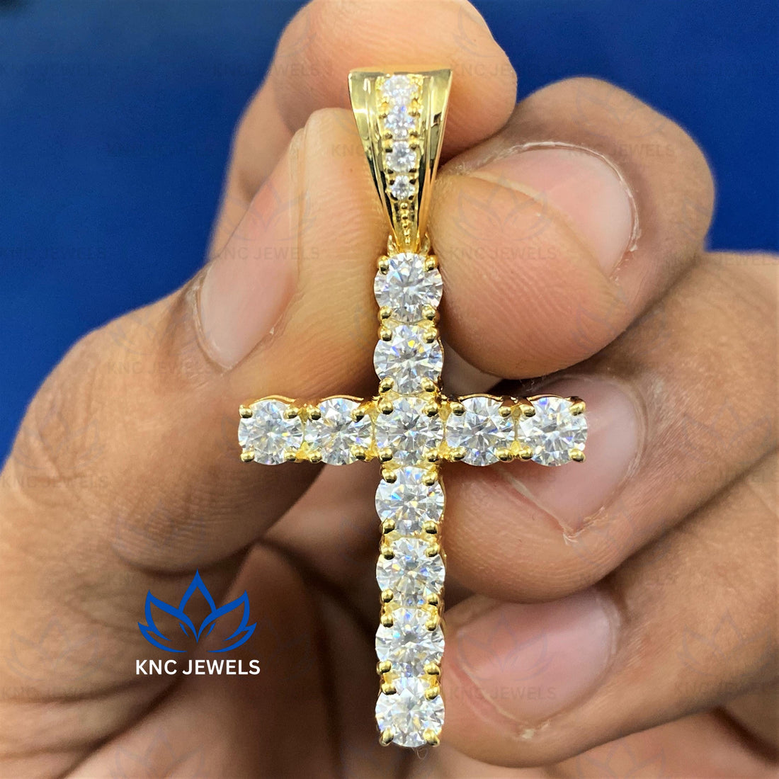 Moissanite Cross Pendant: 14K Yellow Gold Religious Charm