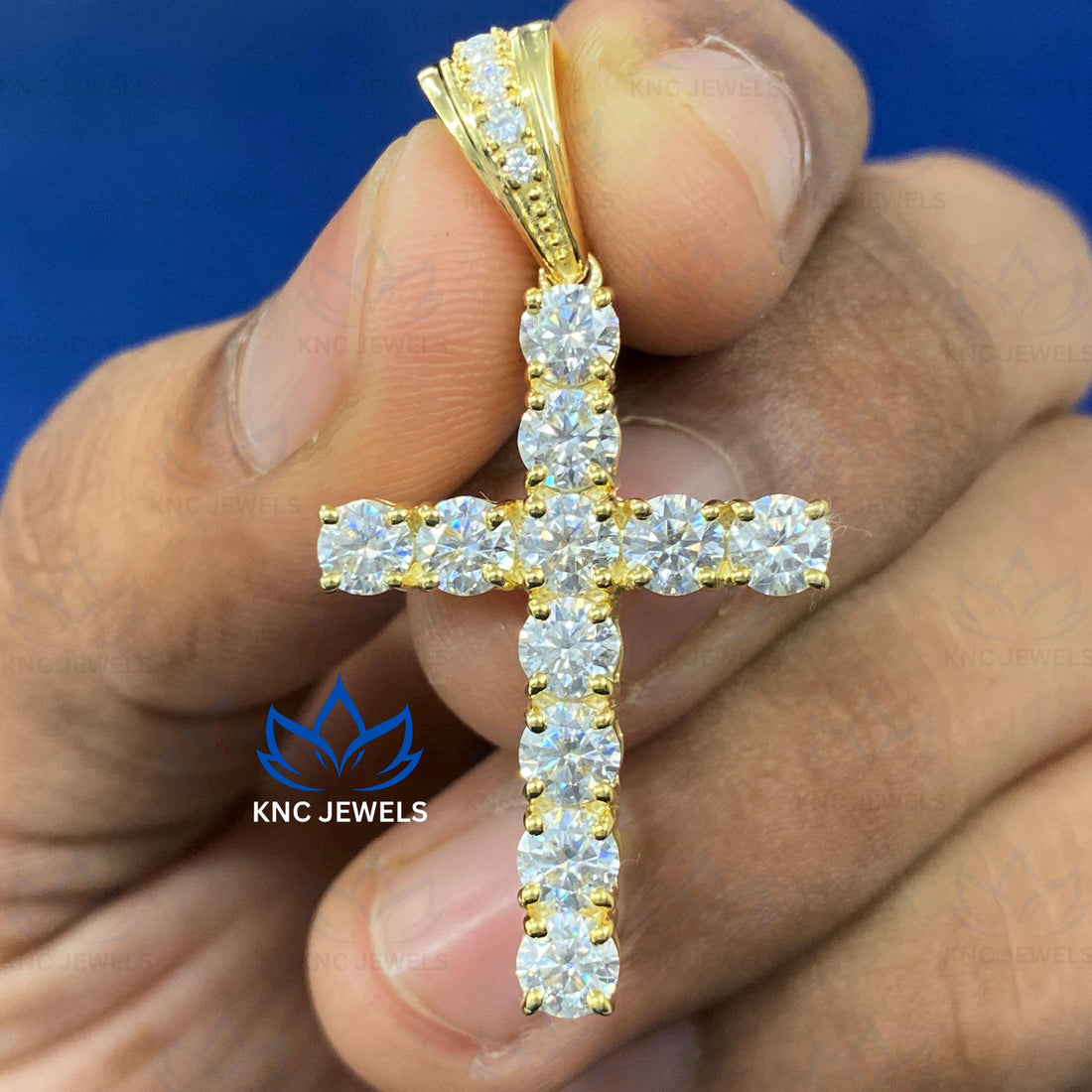 Moissanite Cross Pendant: 14K Yellow Gold Religious Charm