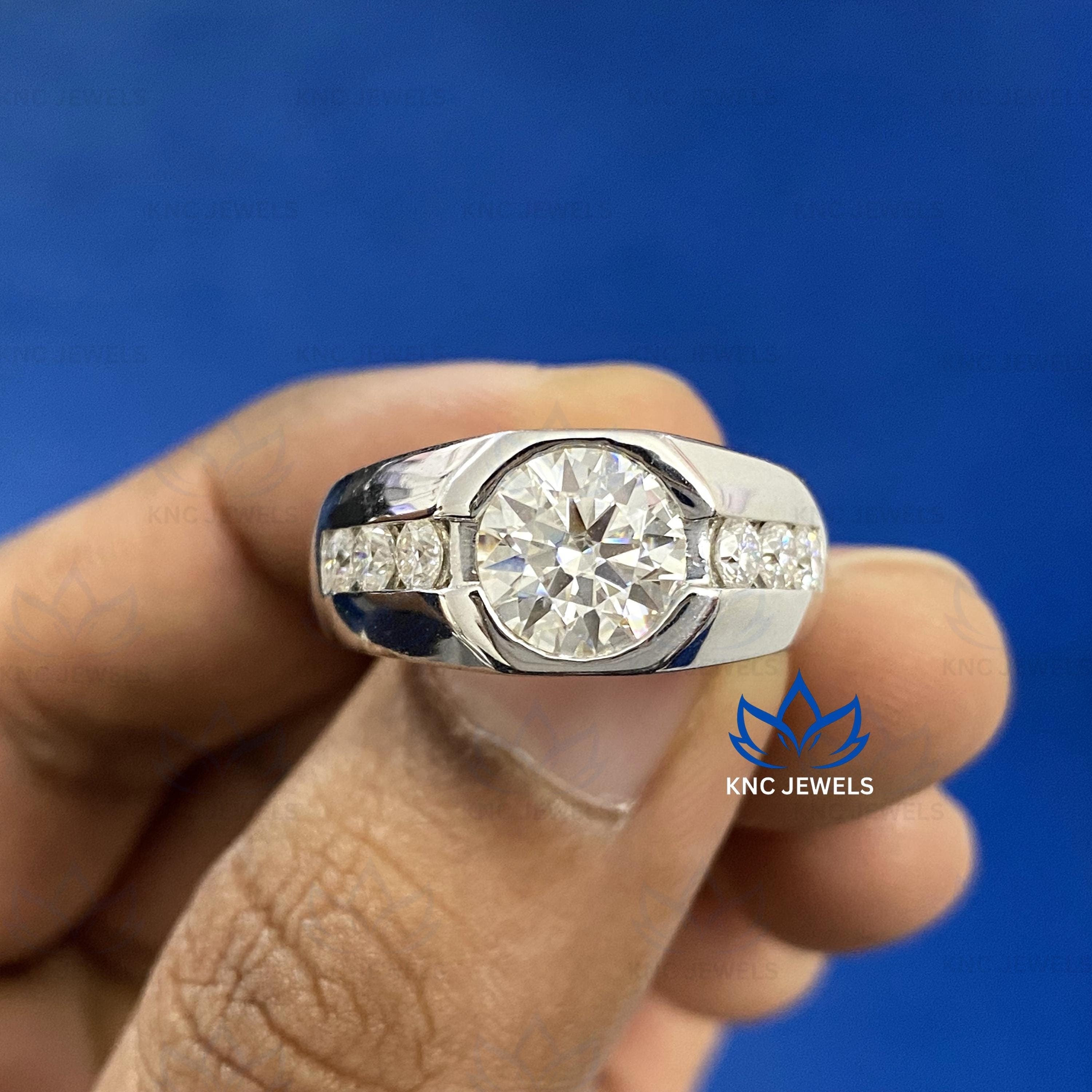 Men's Moissanite Ring: Round Cut Half Bezel Solitaire, 14K White Gold Sterling Silver Band