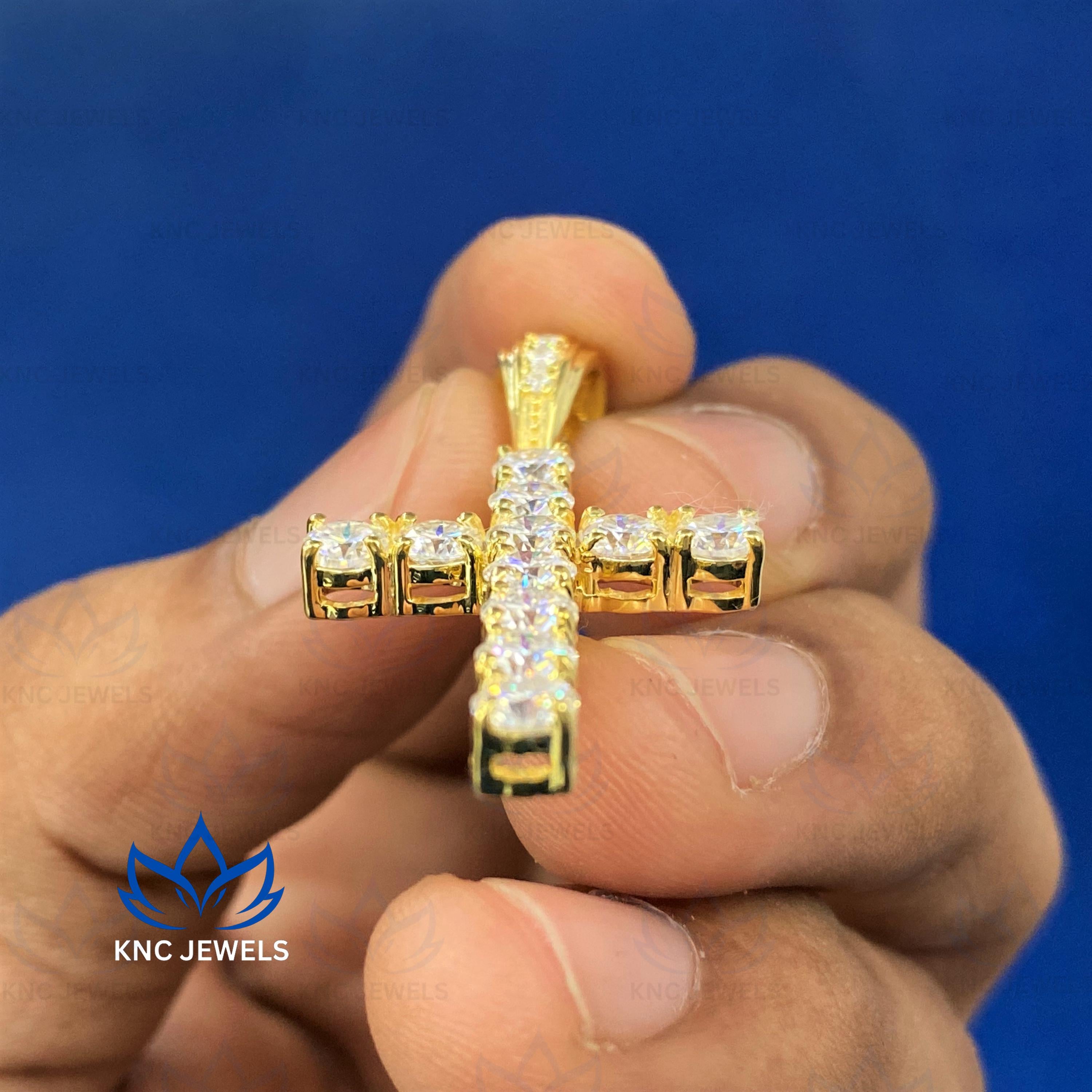 Moissanite Cross Pendant: 14K Yellow Gold Religious Charm