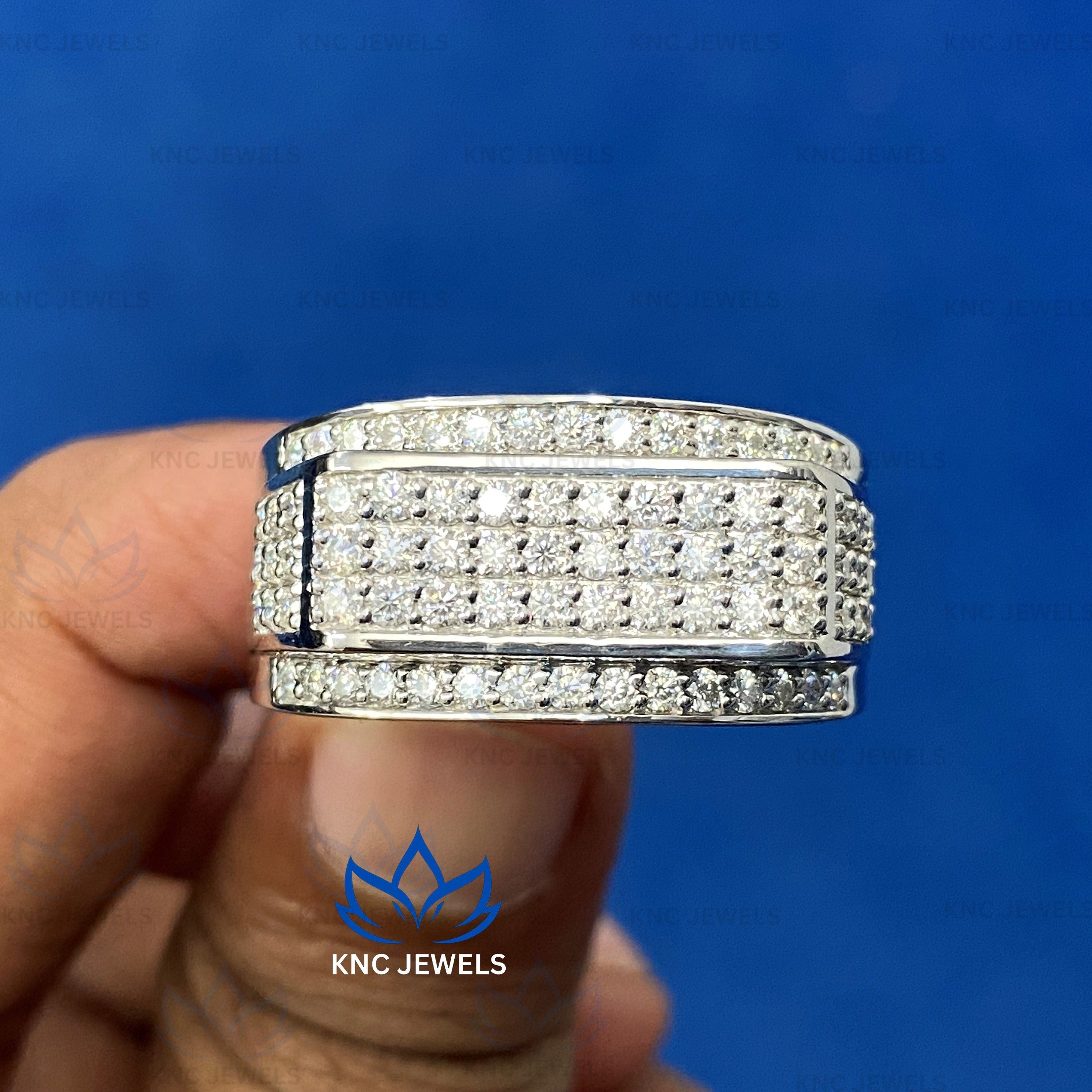 Mens Moissanite Engagement Ring | 925 Silver Iced Out Pave Wedding Band Gift for Him