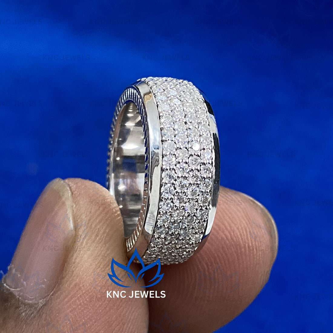 Mens Moissanite Wedding Band, Sterling Silver Pave Ring, Round Cut Anniversary Band, 925 Silver Ring for Husband, VVS1 Engagement Gift