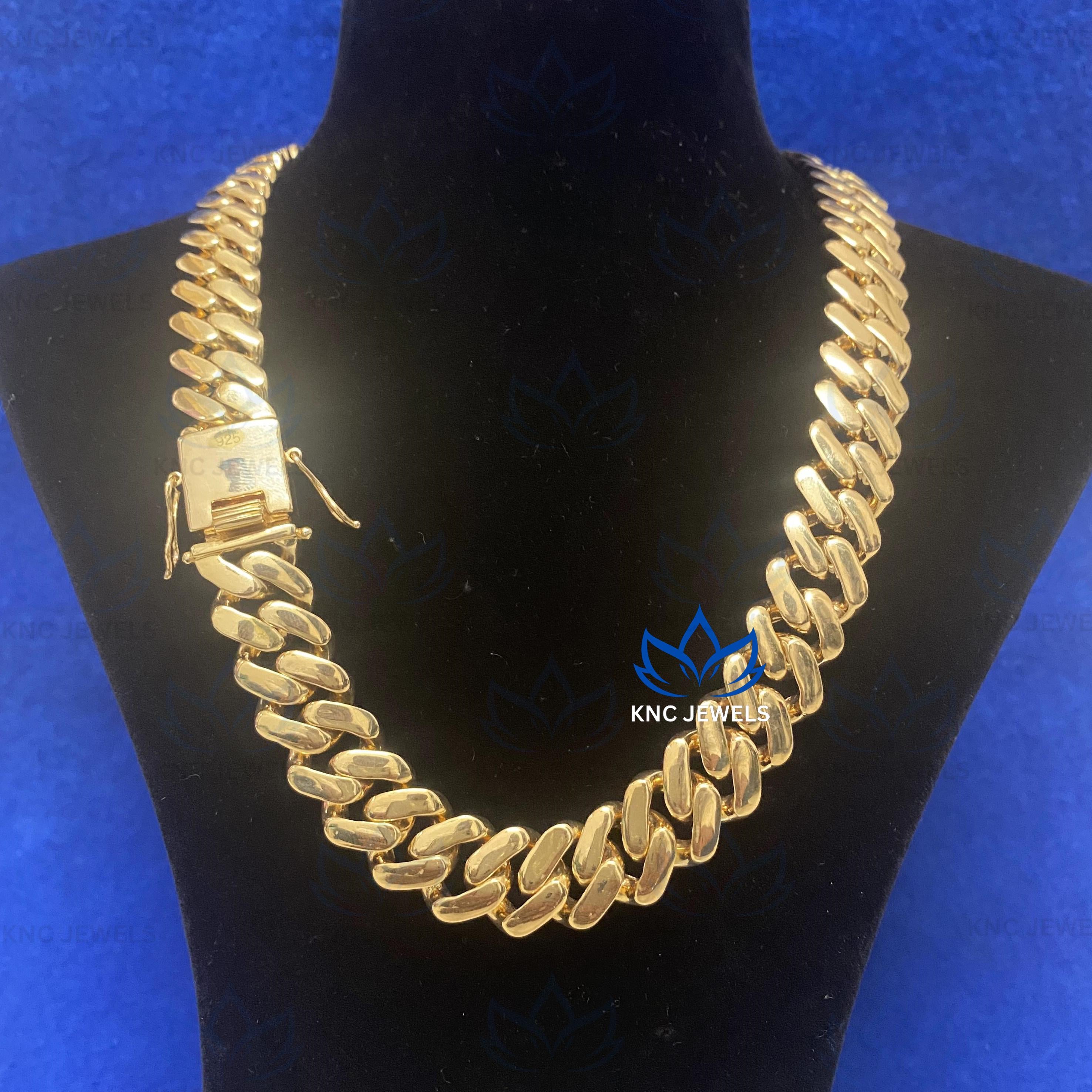 15MM Wide Cuban Link Chain Necklace: Solid 925 Sterling Silver Yellow Rhodium