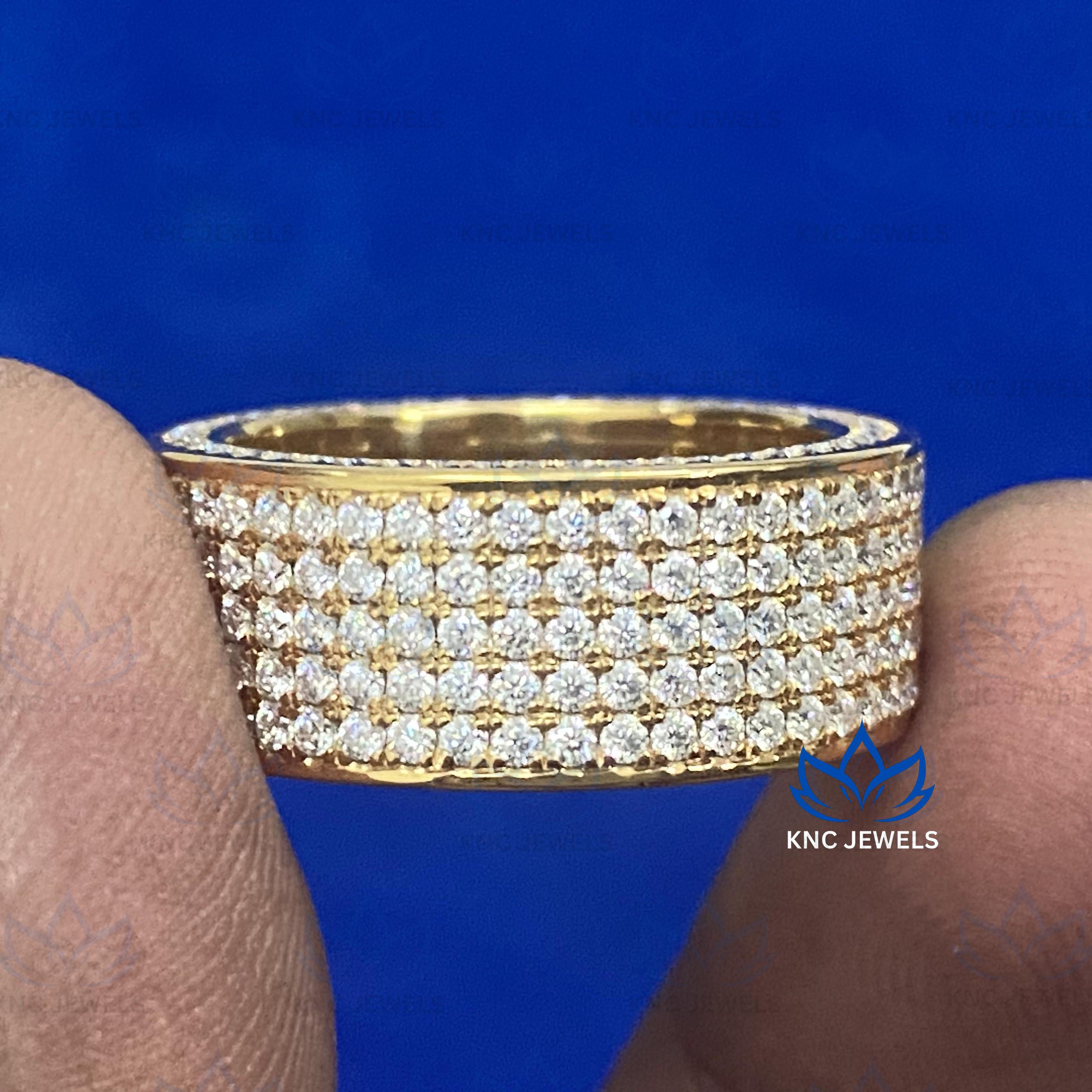 Mens Moissanite Wide Eternity Band Solid Gold Five Row Ring VVS Hip Hop Iced Out Wedding Band Gift
