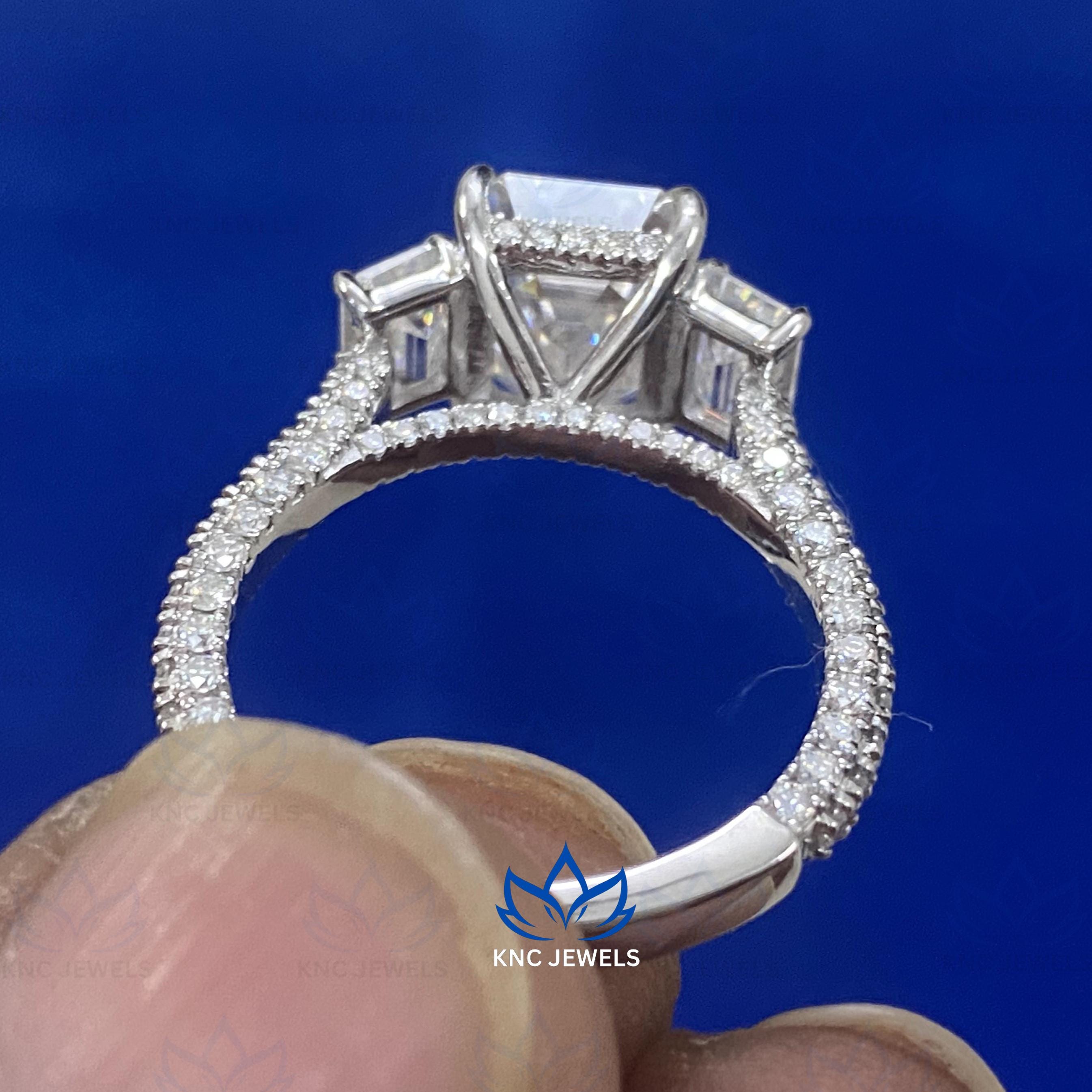 Emerald Cut Moissanite Three Stone Ring Engagement Ring VVS1 D Color Sterling Silver Bridal Ring Anniversary Gift for Her