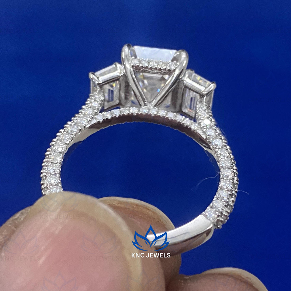Emerald Cut Moissanite Three Stone Ring Engagement Ring VVS1 D Color Sterling Silver Bridal Ring Anniversary Gift for Her