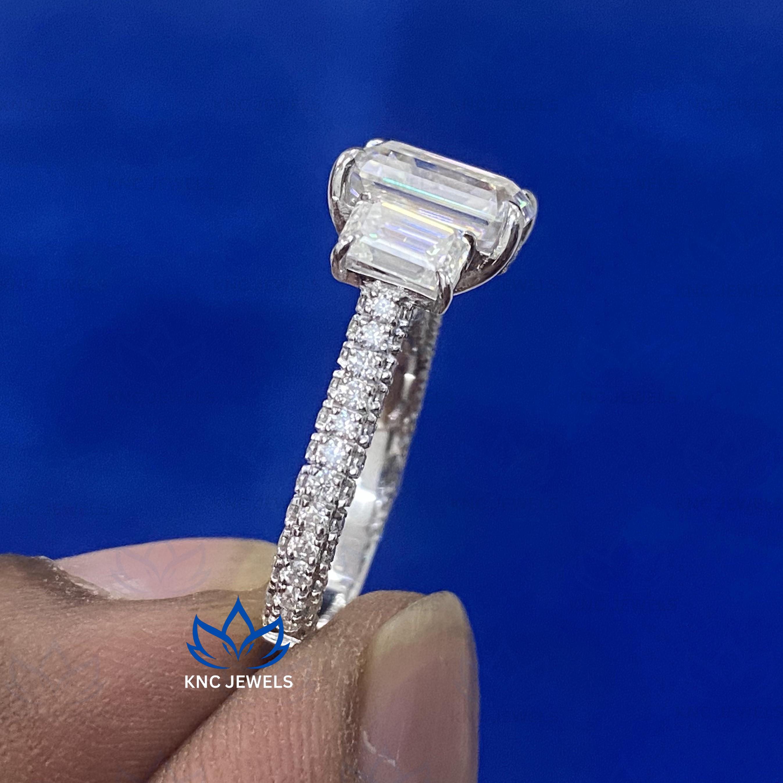 Emerald Cut Moissanite Three Stone Ring Engagement Ring VVS1 D Color Sterling Silver Bridal Ring Anniversary Gift for Her