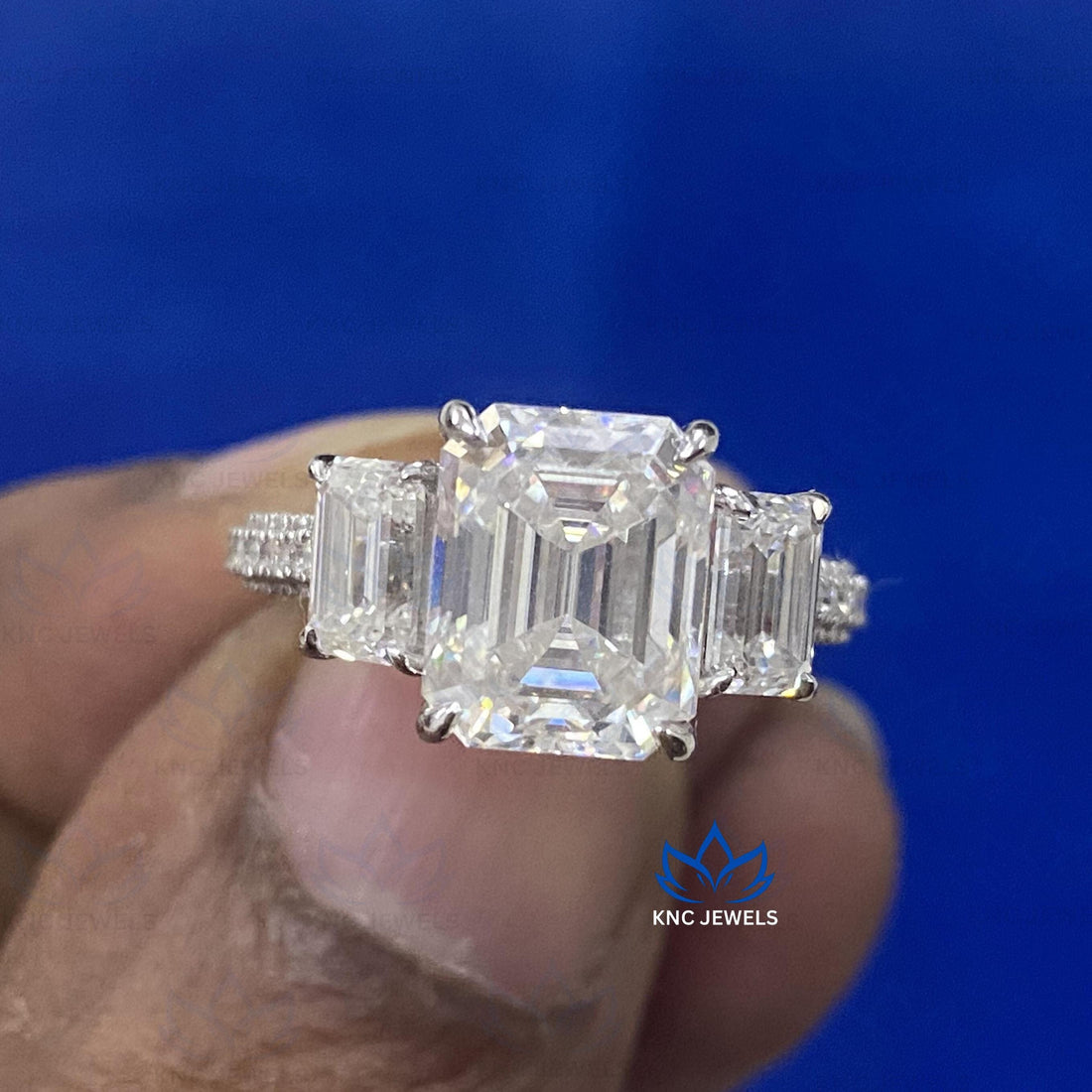 Emerald Cut Moissanite Three Stone Ring Engagement Ring VVS1 D Color Sterling Silver Bridal Ring Anniversary Gift for Her