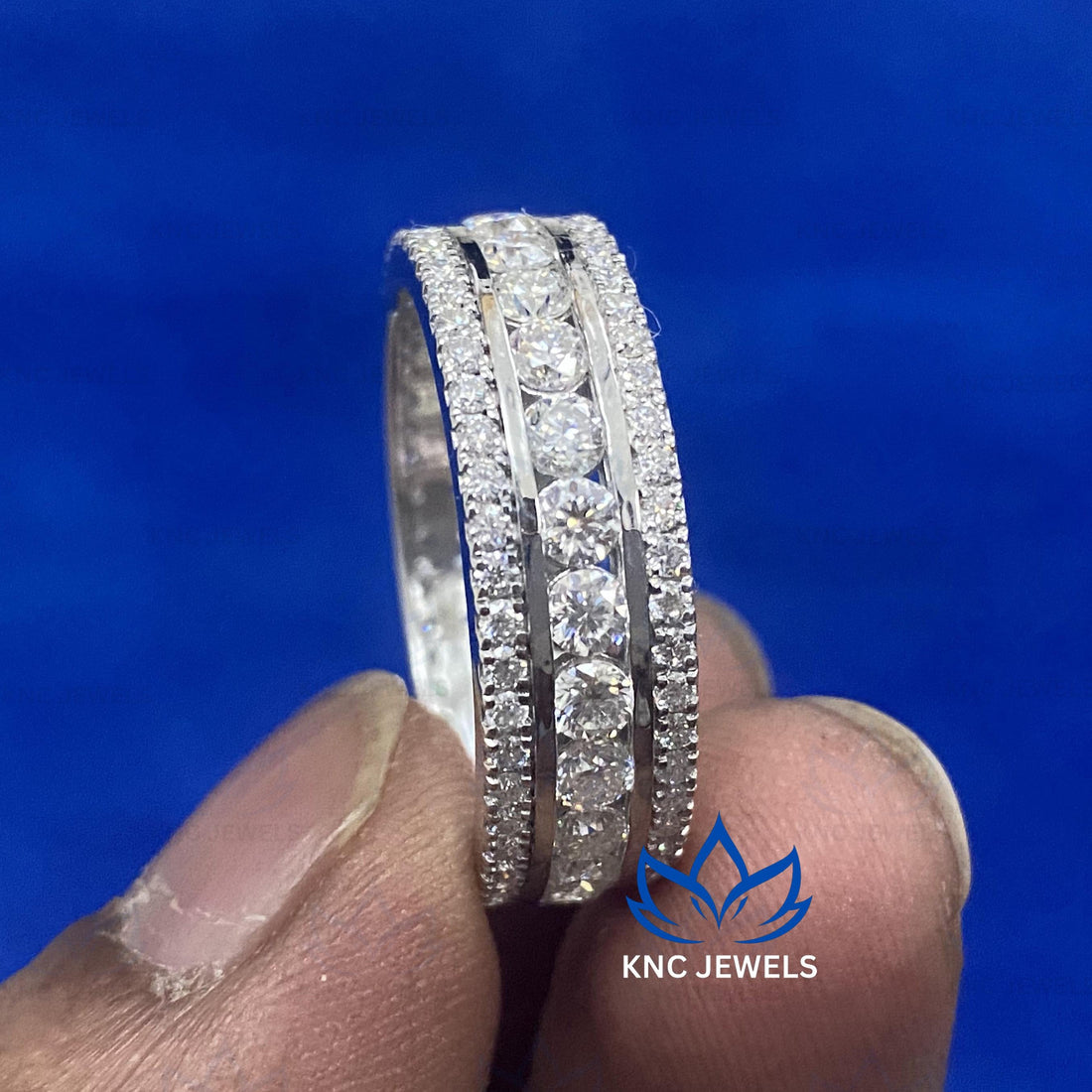Moissanite Mens Wedding Band 3.2ct Eternity Ring Round Cut White Gold Husband Anniversary Gift