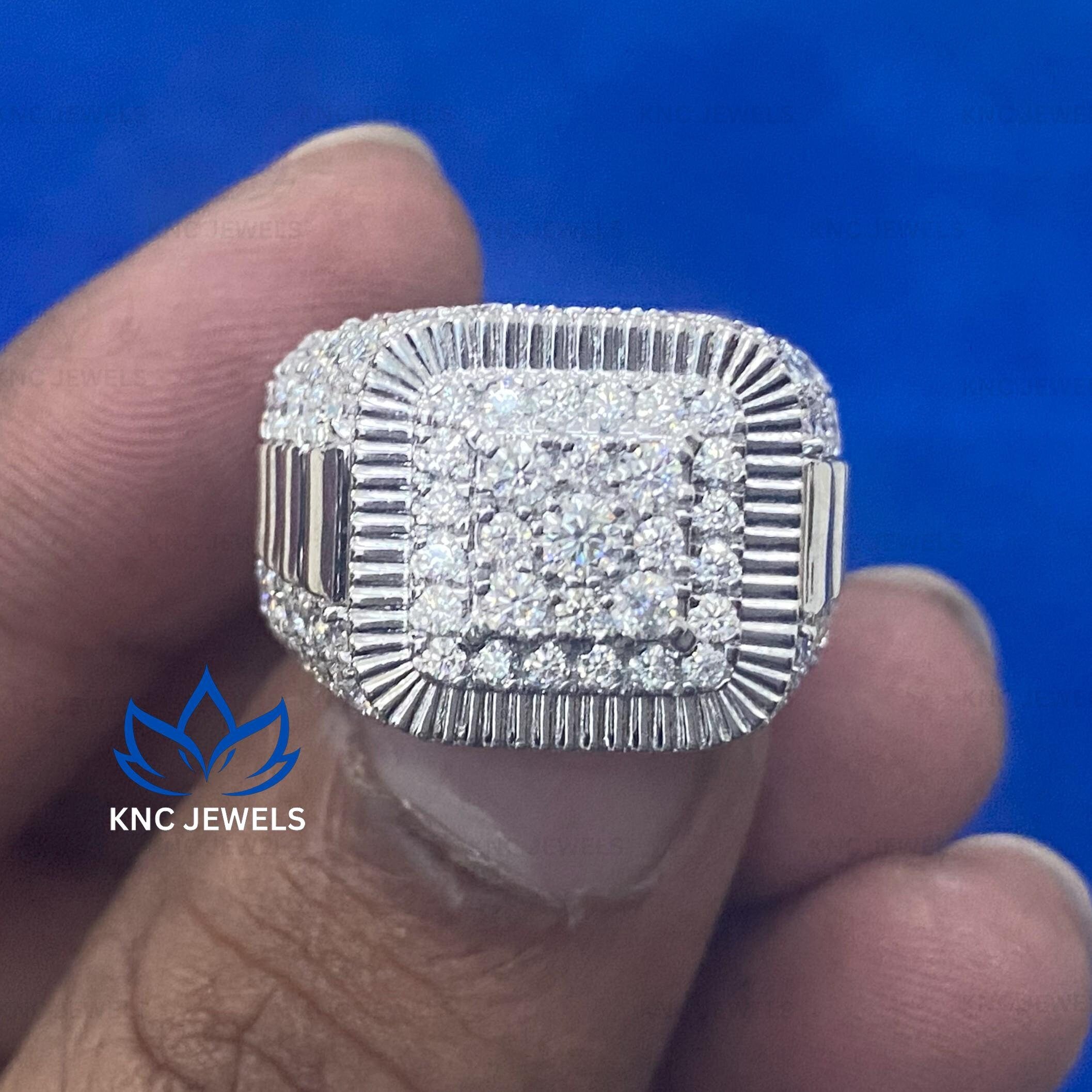 Iced Out Mens Moissanite Ring Sterling Silver Hip Hop Wedding Band Round Diamond Statement Engagement Ring Gift for Him