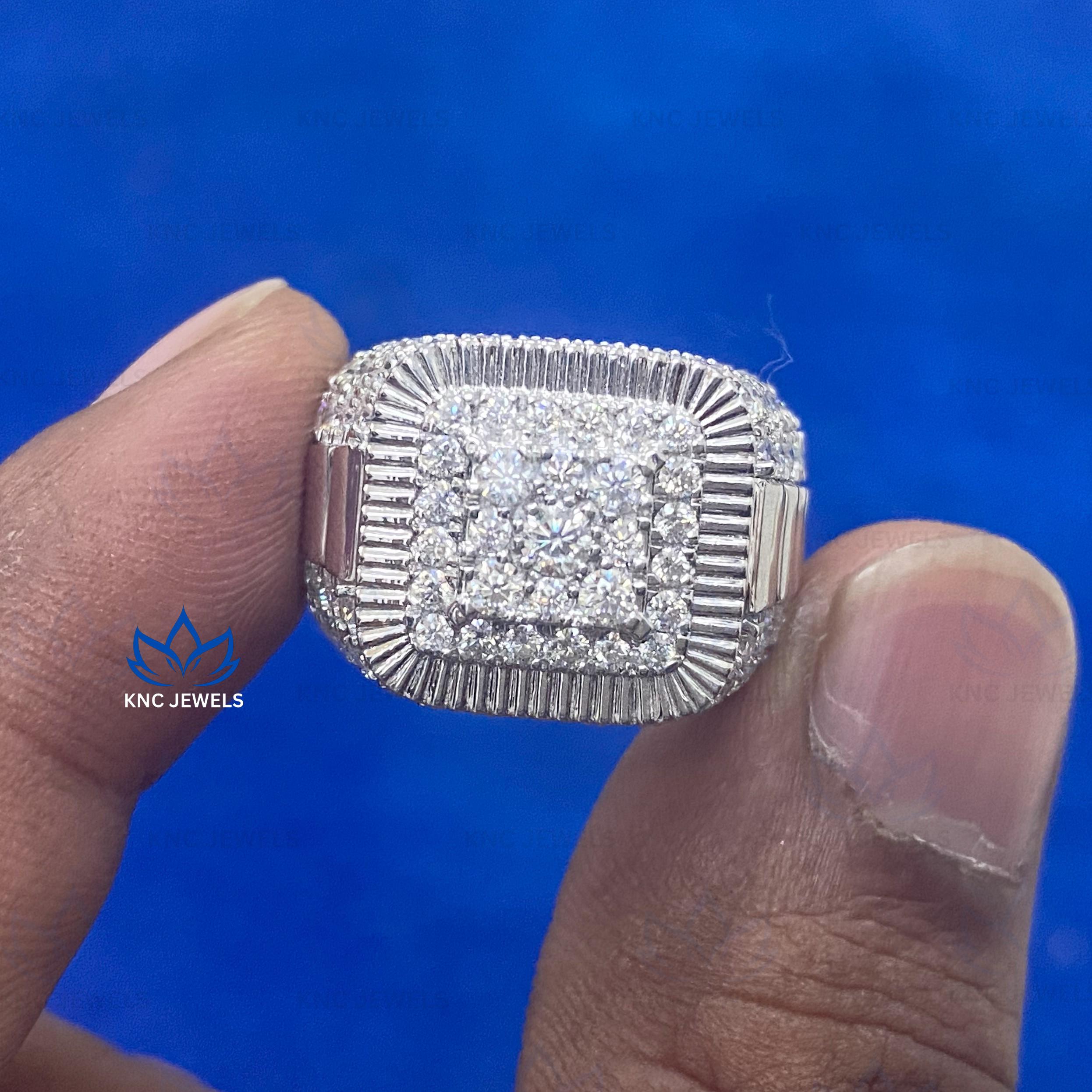 Iced Out Mens Moissanite Ring Sterling Silver Hip Hop Wedding Band Round Diamond Statement Engagement Ring Gift for Him
