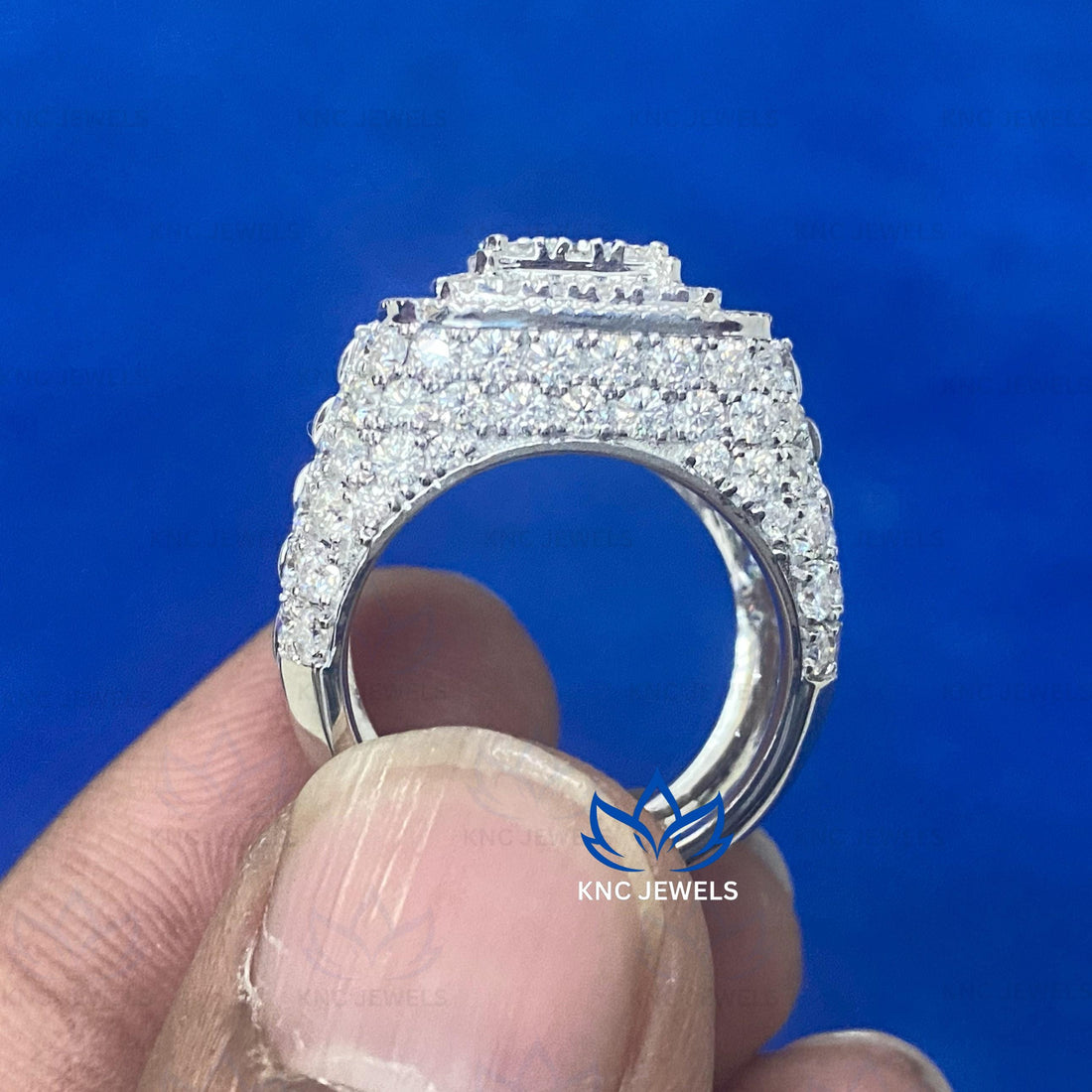 Iced Out Mens Moissanite Ring Sterling Silver Hip Hop Wedding Band Round Diamond Statement Engagement Ring Gift for Him