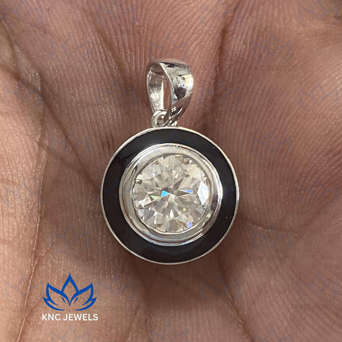 Georgian Style Moissanite Pendant Necklace: Sterling Silver, Black Enamel