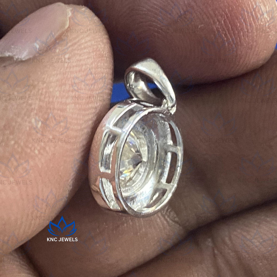 Georgian Style Moissanite Pendant Necklace: Sterling Silver, Black Enamel