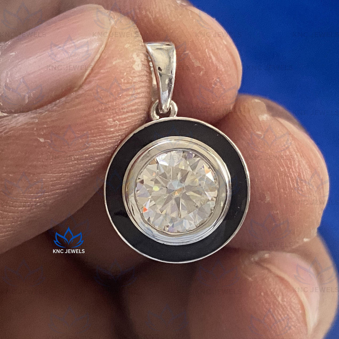 Georgian Style Moissanite Pendant Necklace: Sterling Silver, Black Enamel