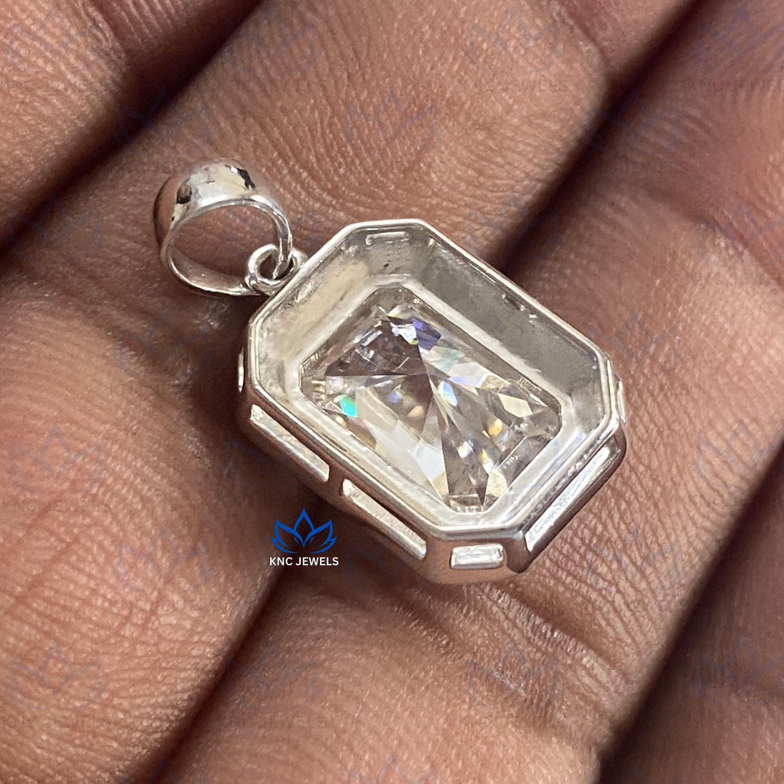 Radiant Cut Moissanite Pendant Necklace: Black Enamel Sterling Silver
