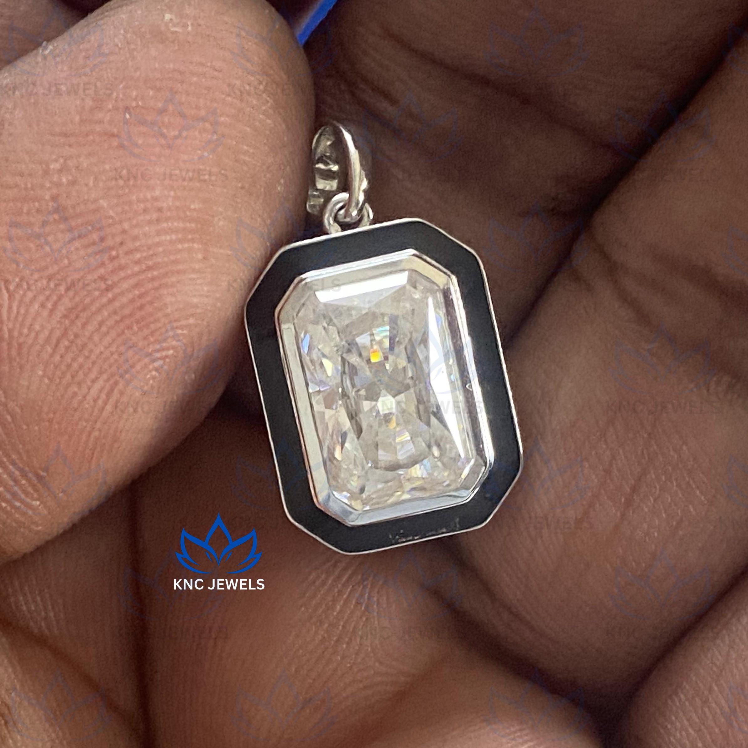 Radiant Cut Moissanite Pendant Necklace: Black Enamel Sterling Silver