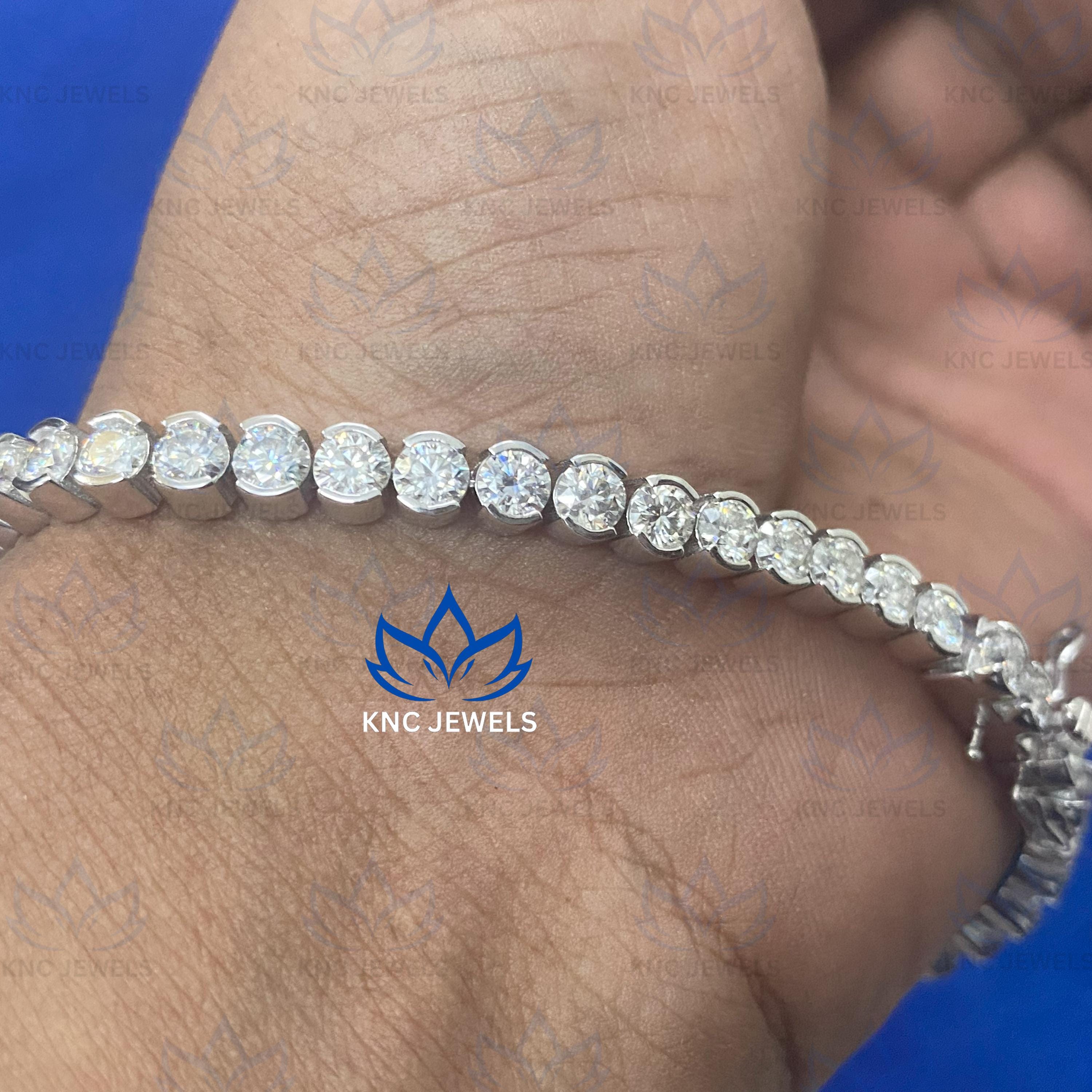 Round Cut Moissanite Tennis Bracelet, Half Bezel Set Diamond Anniversary Gift for Her