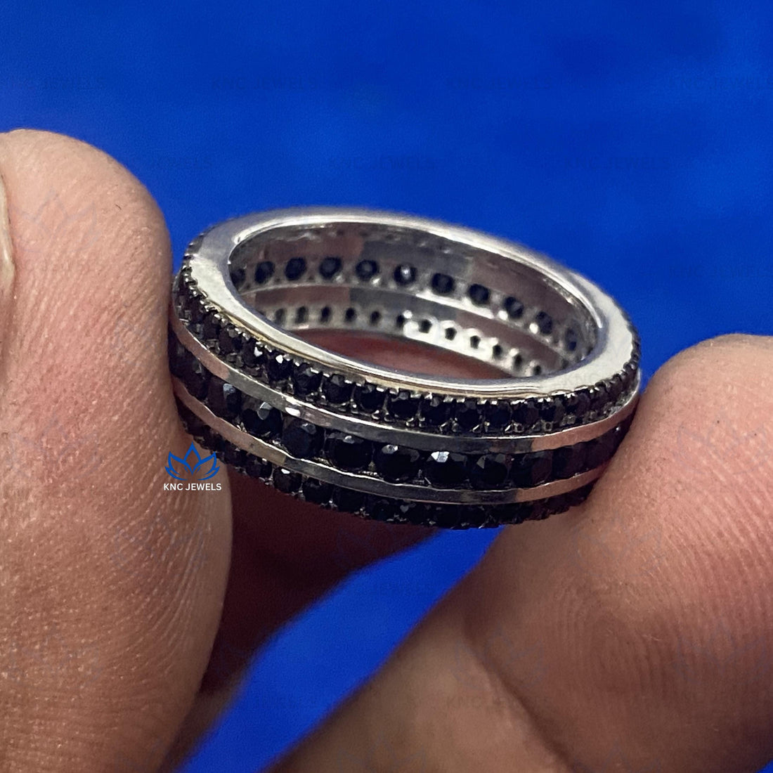 Black Moissanite Eternity Band: Sterling Silver Micro Pave Men's Ring