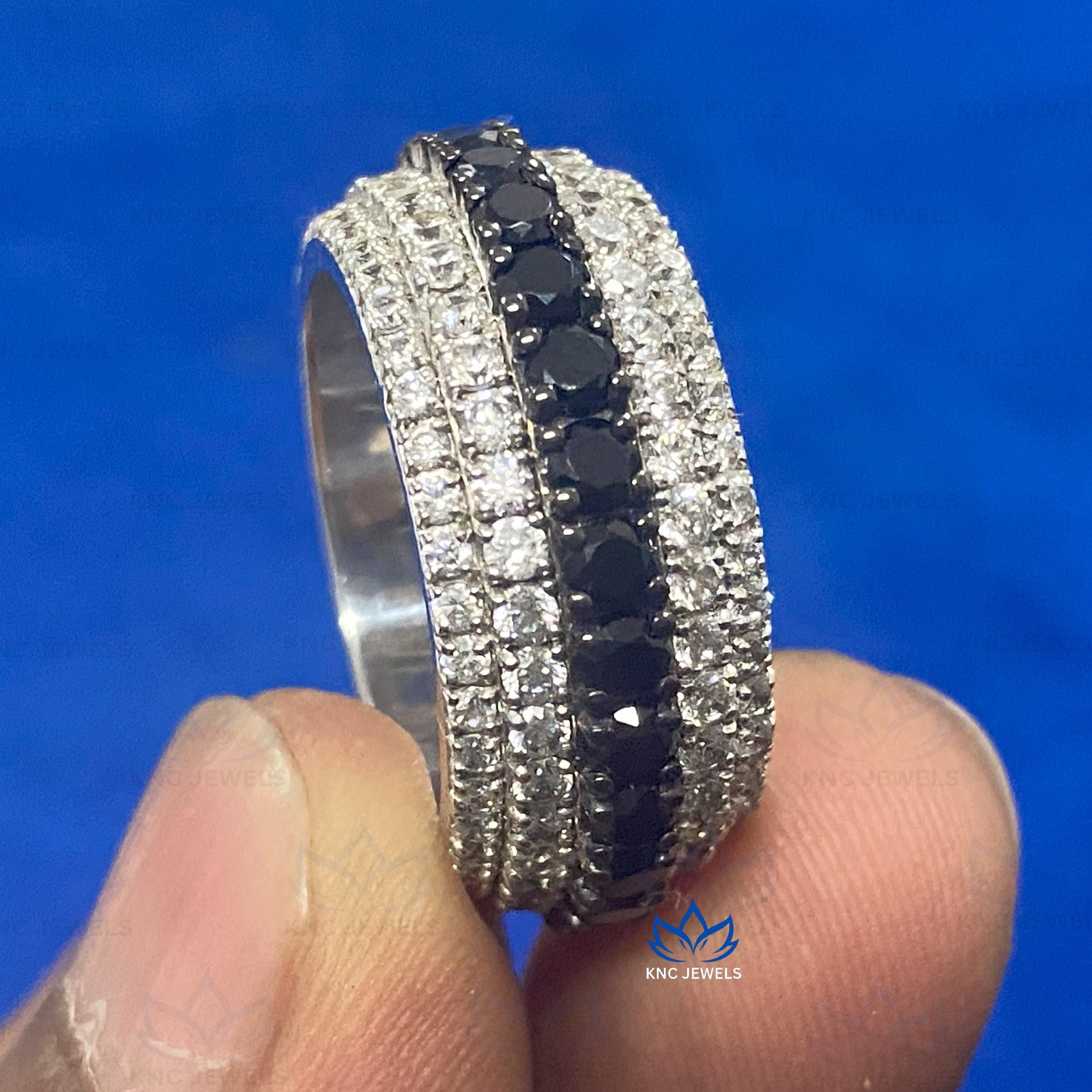Lab Grown Diamond & Black Moissanite Mens Ring: Hip Hop Rapper Band