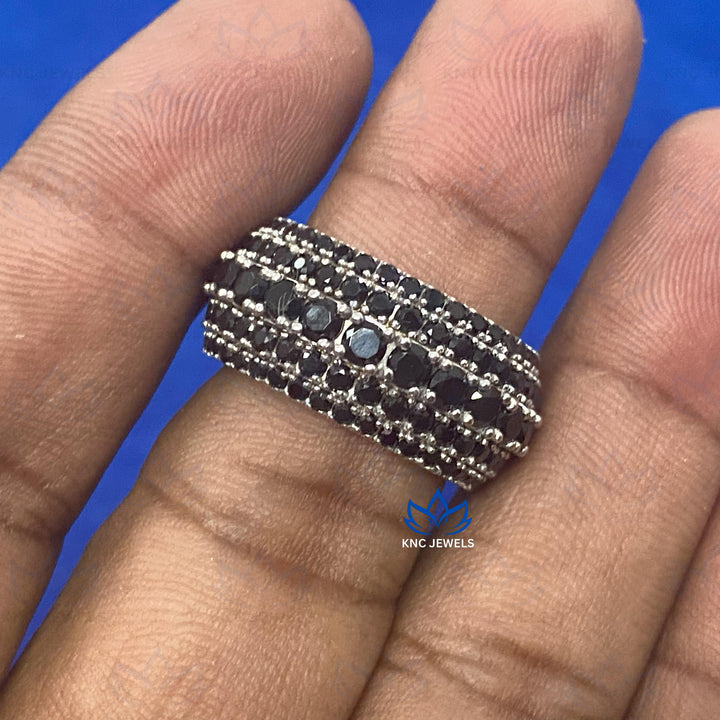 Black Moissanite Mens Eternity Band: 14K White Gold Plated Silver Wedding Ring
