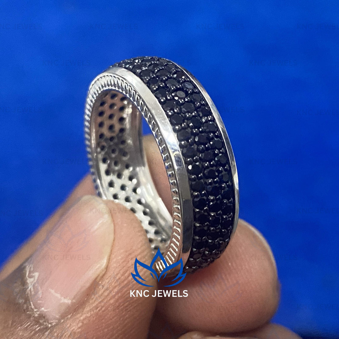 Black Moissanite Mens Wedding Band: Full Eternity Micro Pave Ring