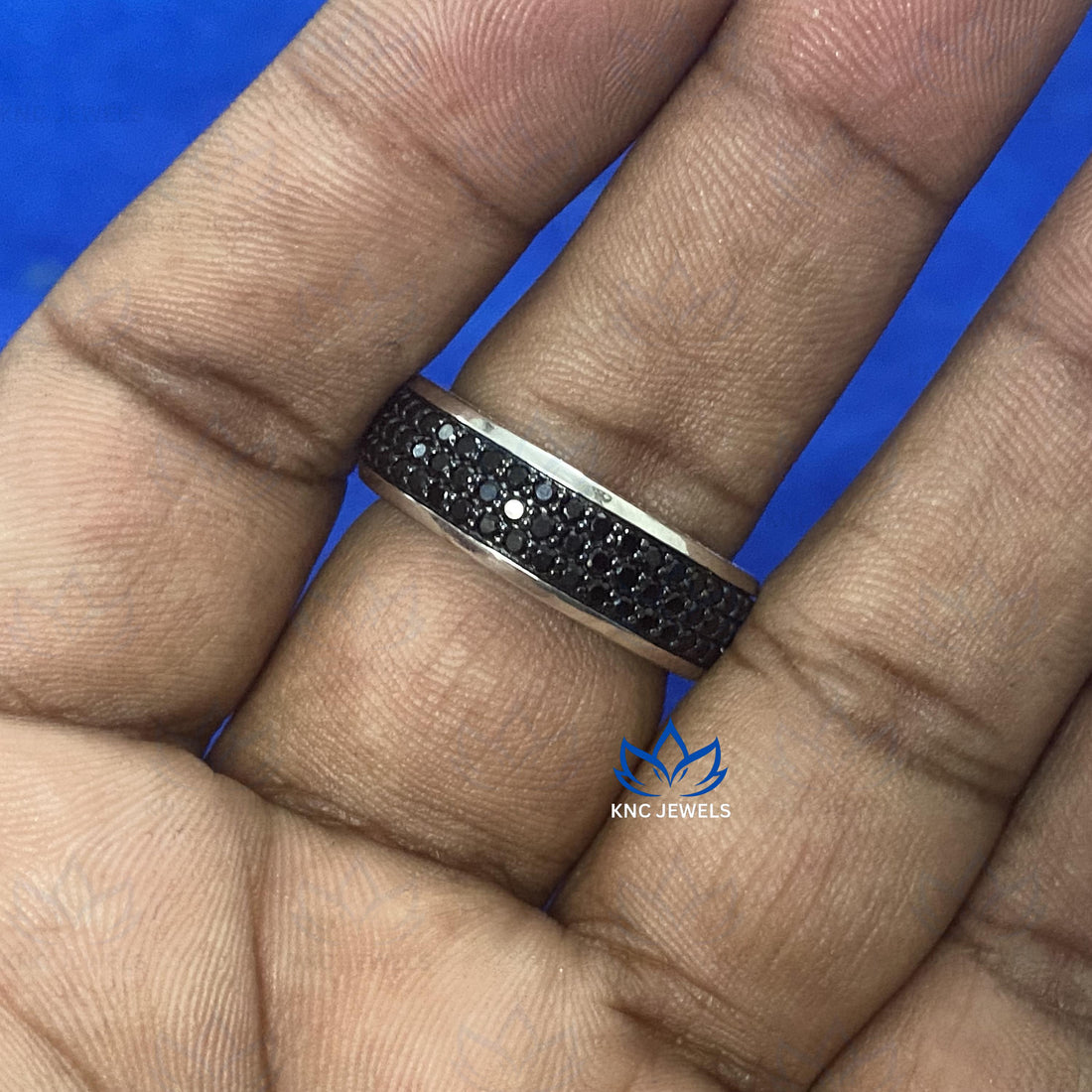 Black Moissanite Mens Wedding Band: Full Eternity Micro Pave Ring