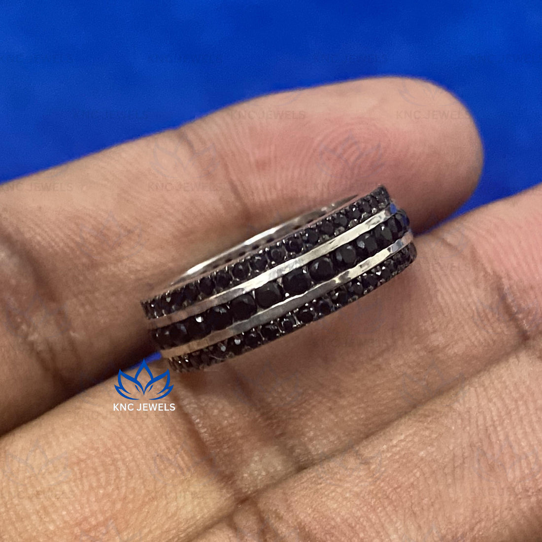 Black Moissanite Eternity Band: Sterling Silver Micro Pave Men's Ring