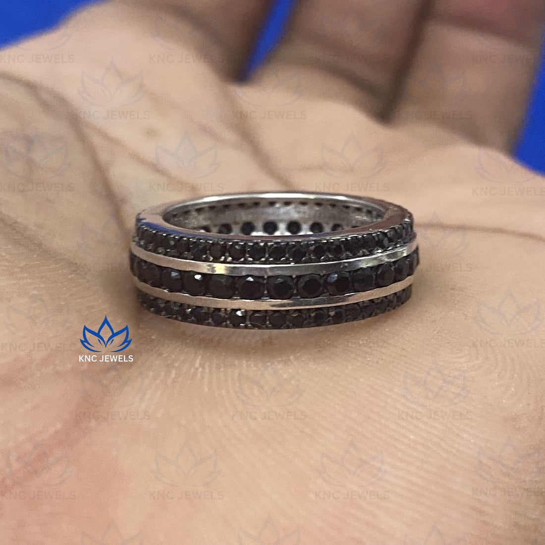 Black Moissanite Eternity Band: Sterling Silver Micro Pave Men's Ring