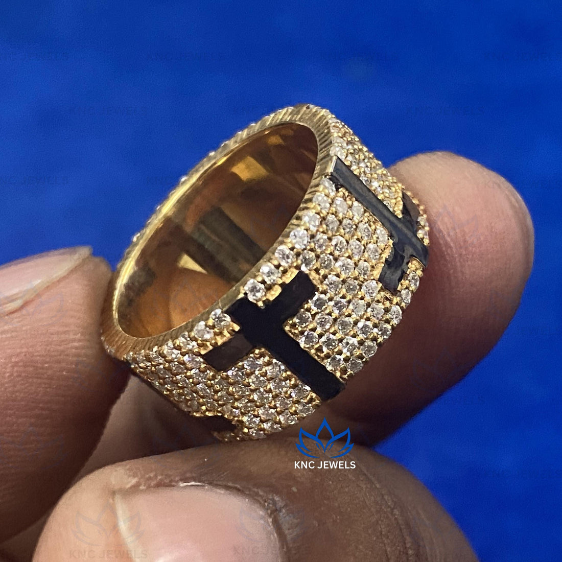 Mens Black Enamel Cross Moissanite Ring Sterling Silver Iced Out Hip Hop Wedding Band Custom Engagement Ring Gift for Him Art Deco Style