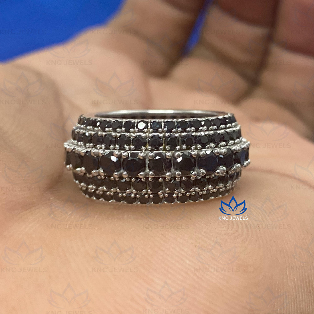 Black Moissanite Mens Eternity Band: 14K White Gold Plated Silver Wedding Ring