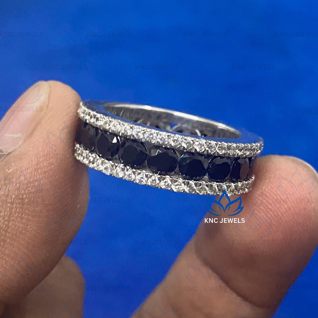 Lab Grown Diamond & Black Moissanite Eternity Band - Sterling Silver Wedding Ring