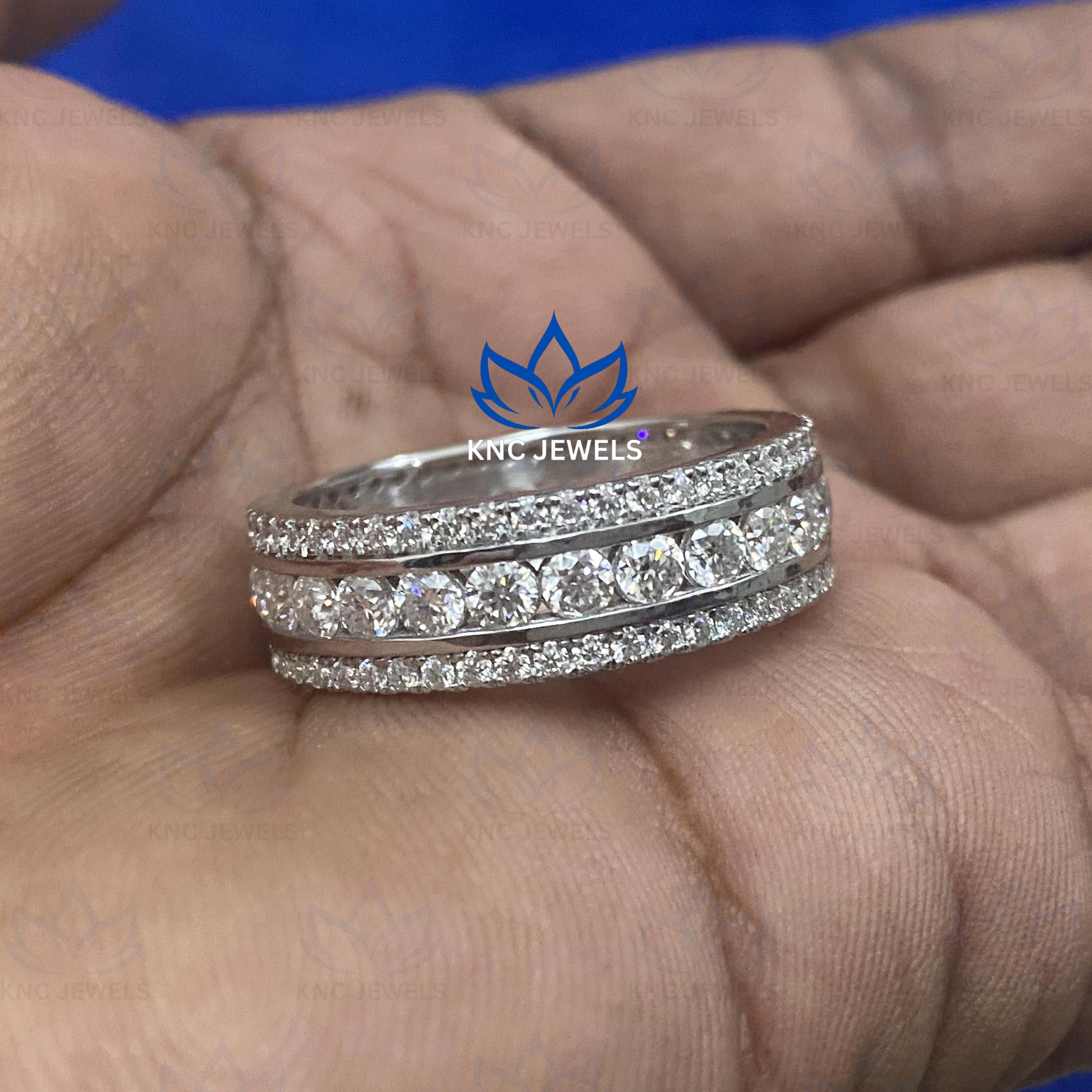 Moissanite Mens Wedding Band 3.2ct Eternity Ring Round Cut White Gold Husband Anniversary Gift