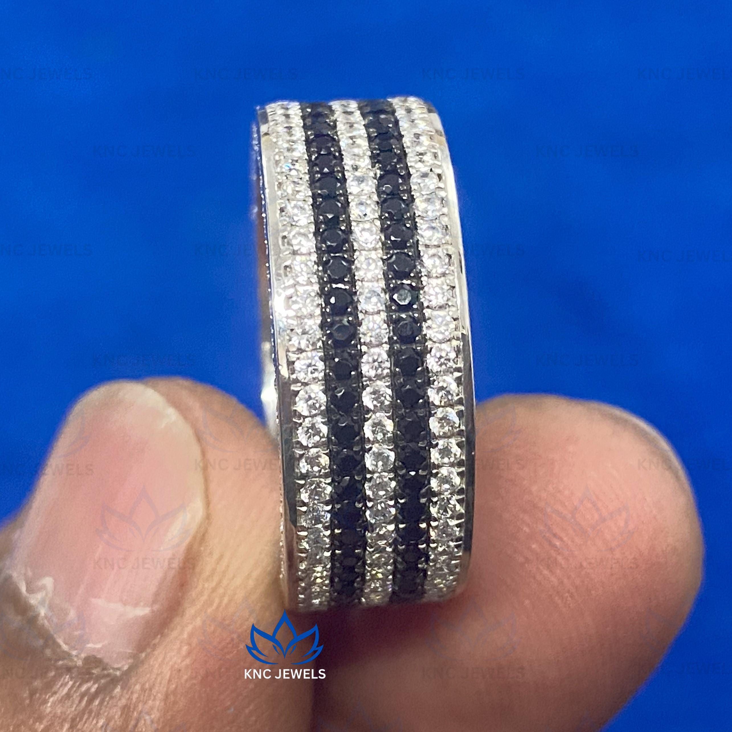 Lab Grown Diamond & Black Moissanite Mens Ring: Wide Two-Row Eternity Band