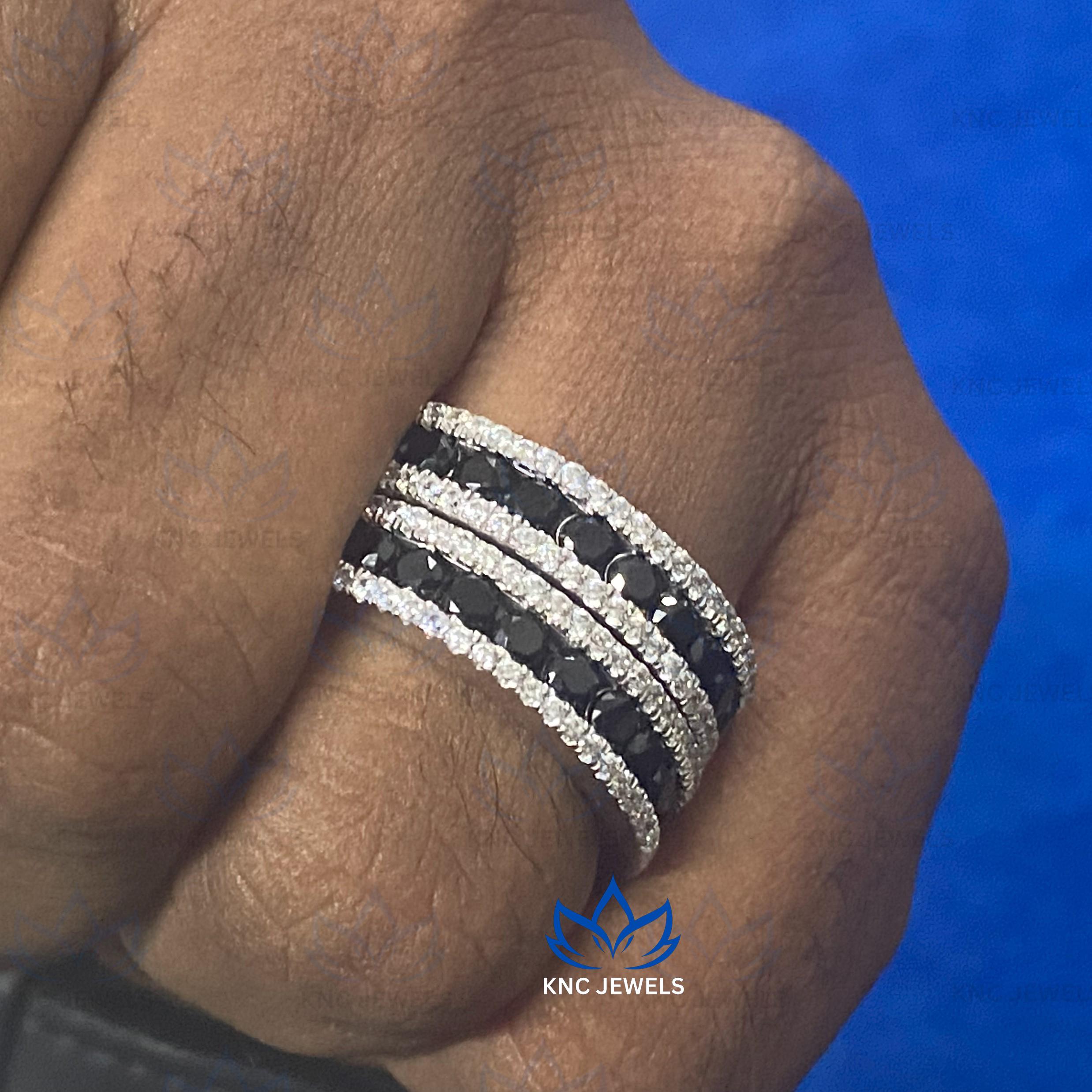 Mens Black Moissanite Eternity Band Black Plated Silver Stackable Wedding Ring Anniversary Band Gift for Him Art Deco Style