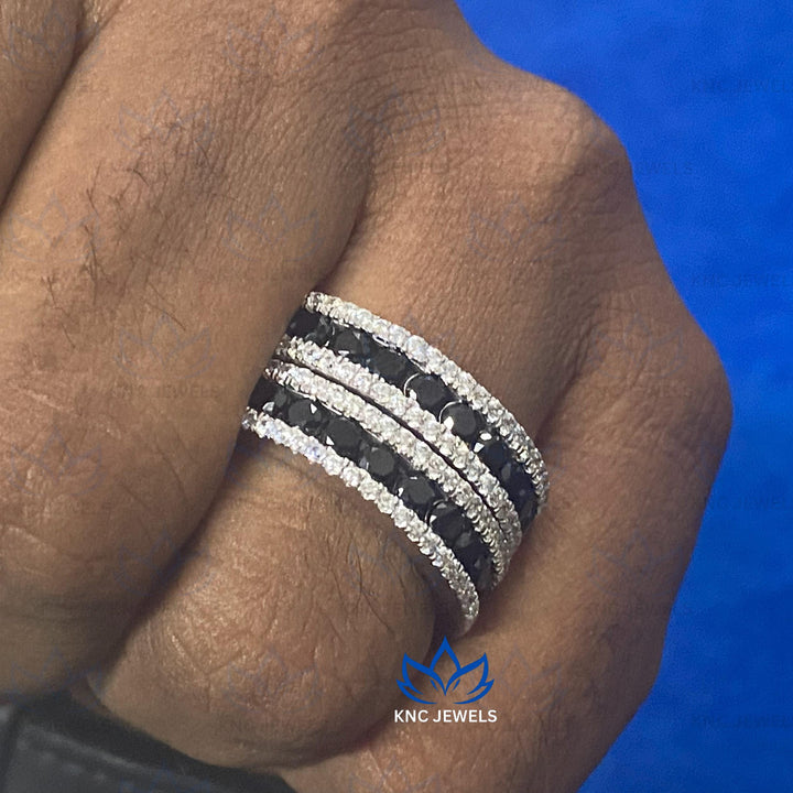 Lab Grown Diamond & Black Moissanite Eternity Band: Black Plated 925 Sterling Silver