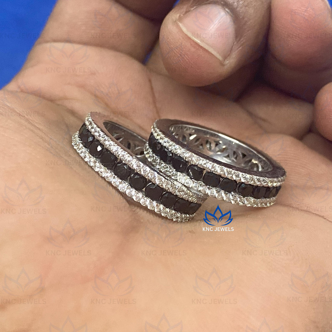 Lab Grown Diamond & Black Moissanite Eternity Band: Black Plated 925 Sterling Silver