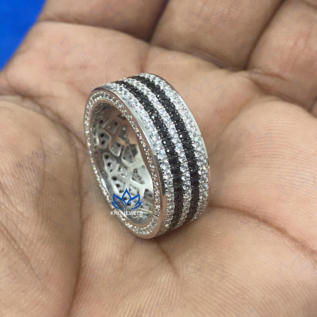 Mens Moissanite Wide Band Ring | Two Row Black White Stone Eternity Band | 14K Gold Wedding Ring for Him | Stackable Anniversary Gift