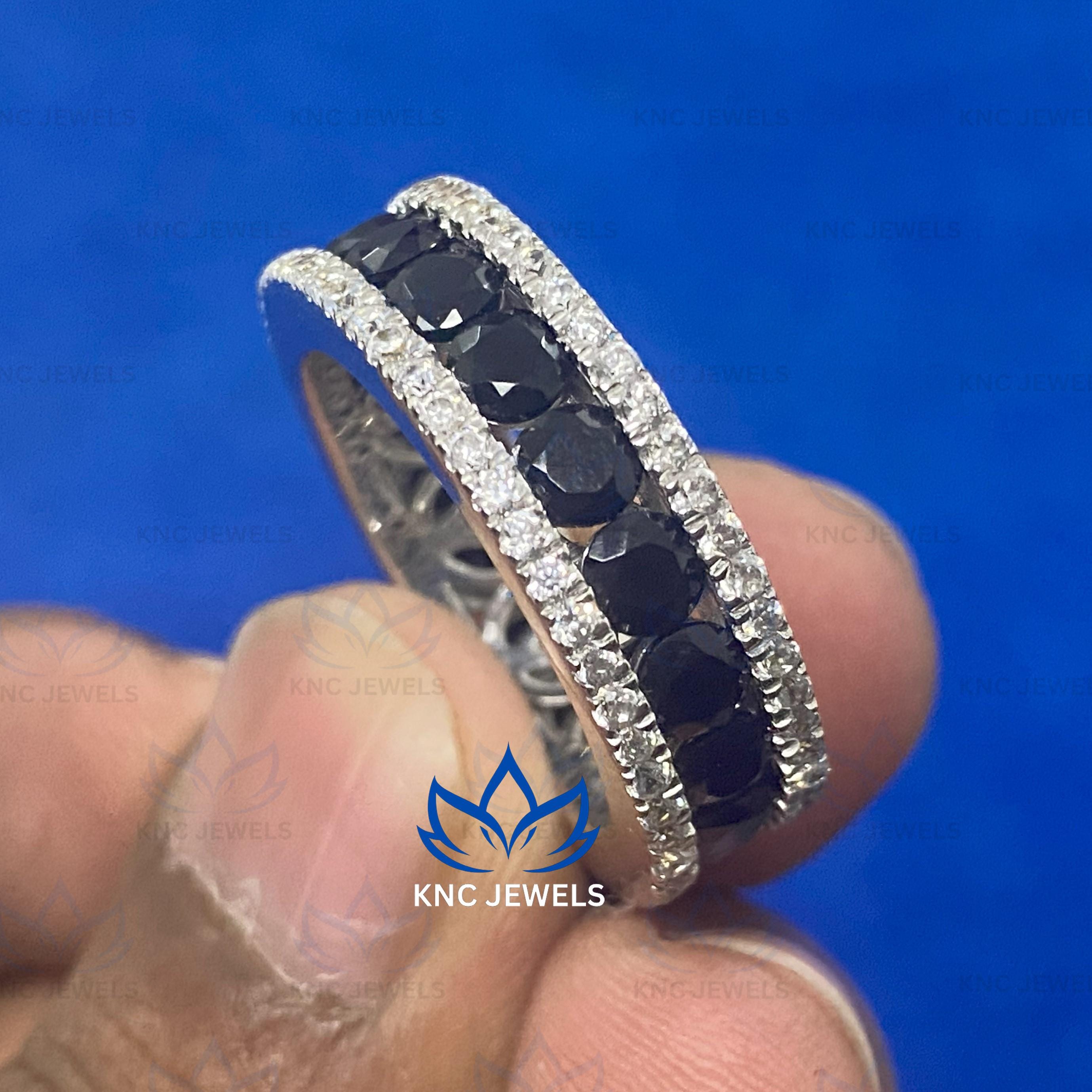 Lab Grown Diamond & Black Moissanite Eternity Band - Sterling Silver Wedding Ring
