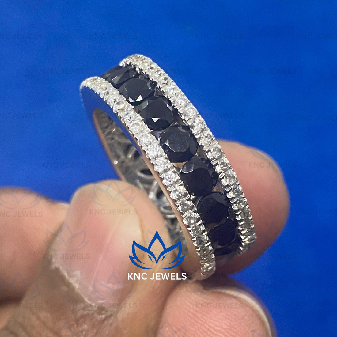 Lab Grown Diamond & Black Moissanite Eternity Band - Sterling Silver Wedding Ring