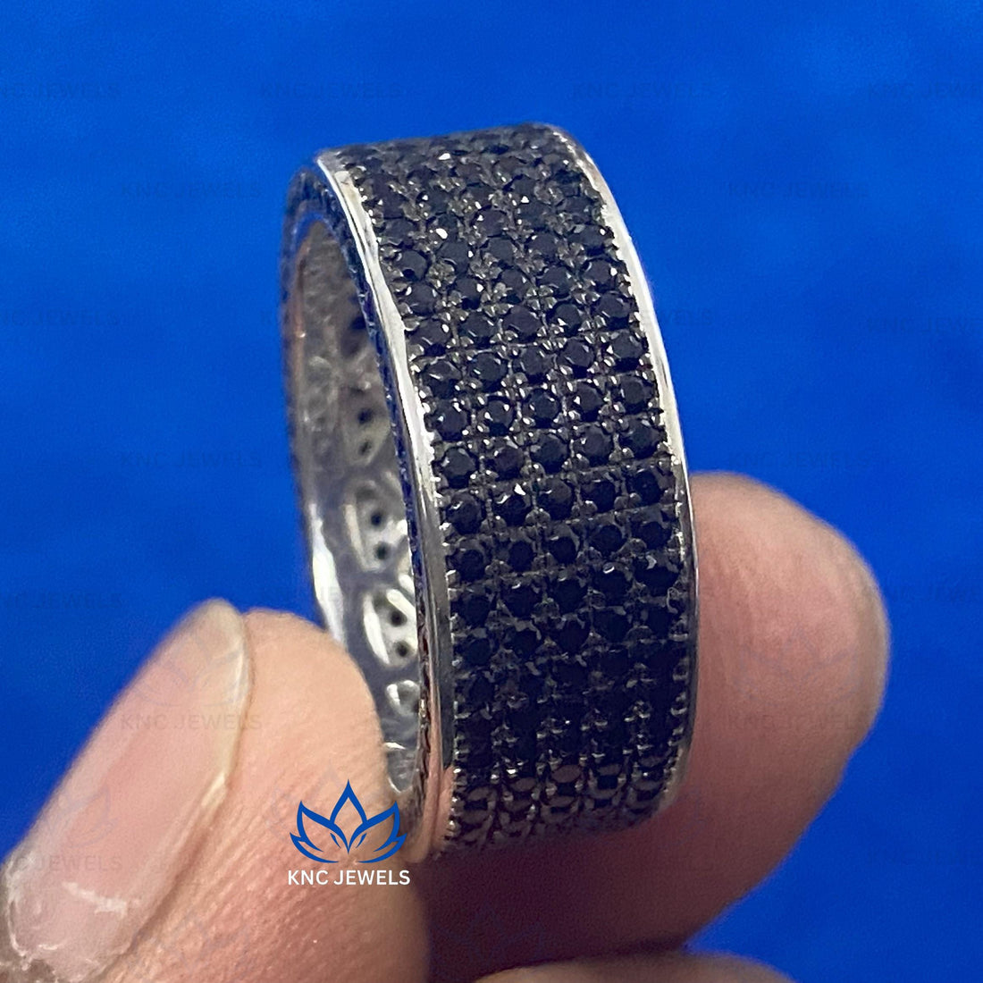 Black Moissanite Wide Band: Mens Five Row Eternity Ring