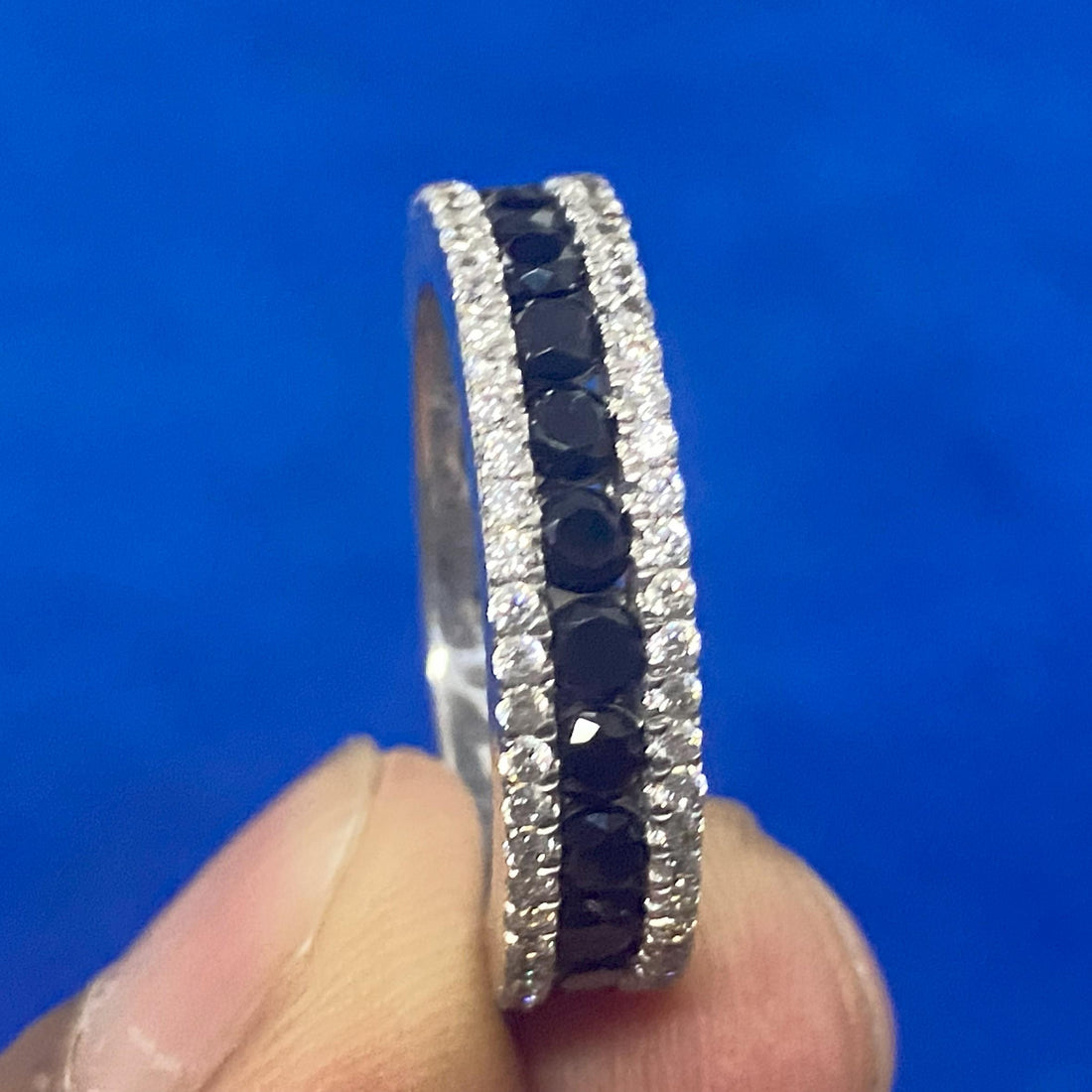 Mens Moissanite Wedding Band Black White 14K Gold Plated Silver Eternity Ring Men Engagement Band Handmade Gift for Him