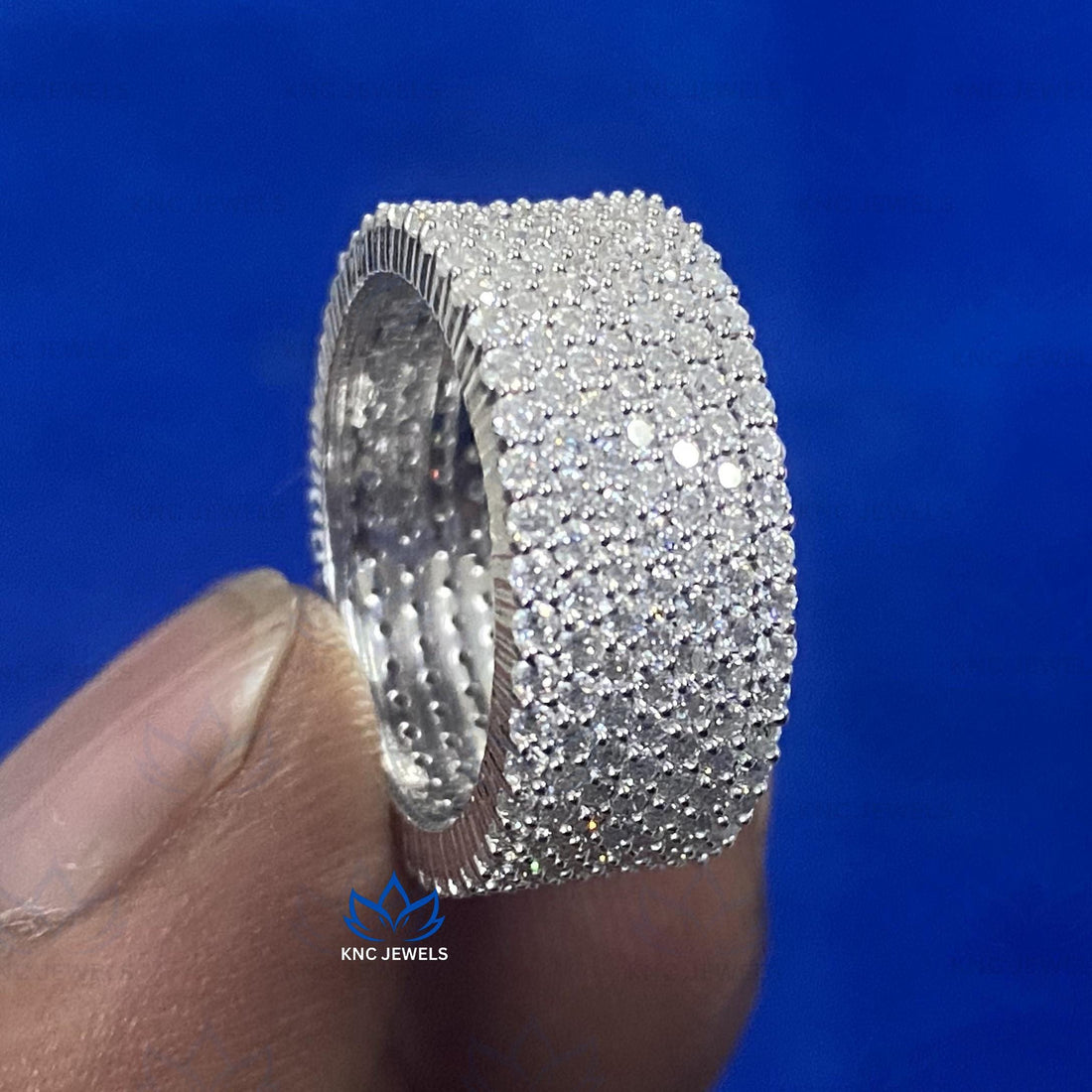 Moissanite Mens Eternity Band 5 Row VVS1 D Color Pave Set Round Cut White Gold Sterling Silver Wedding Ring Lab Grown Diamond Anniversary