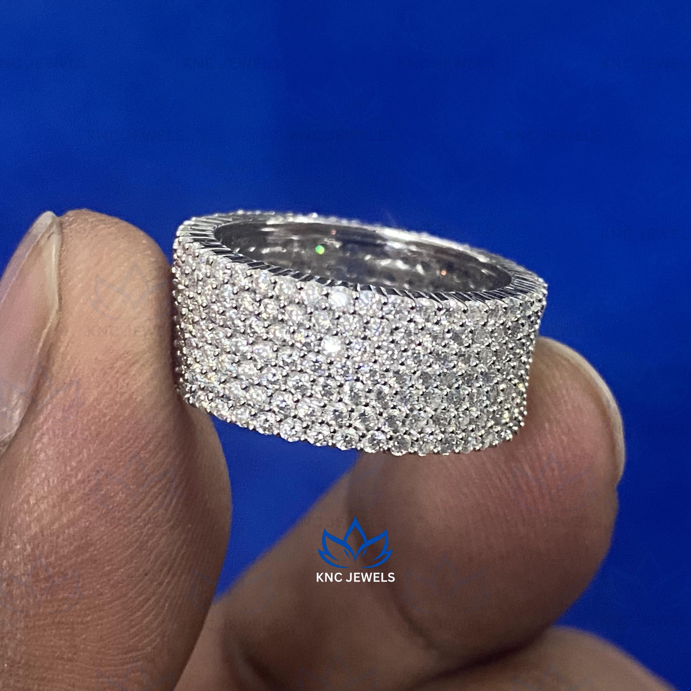Moissanite Mens Eternity Band 5 Row VVS1 D Color Pave Set Round Cut White Gold Sterling Silver Wedding Ring Lab Grown Diamond Anniversary