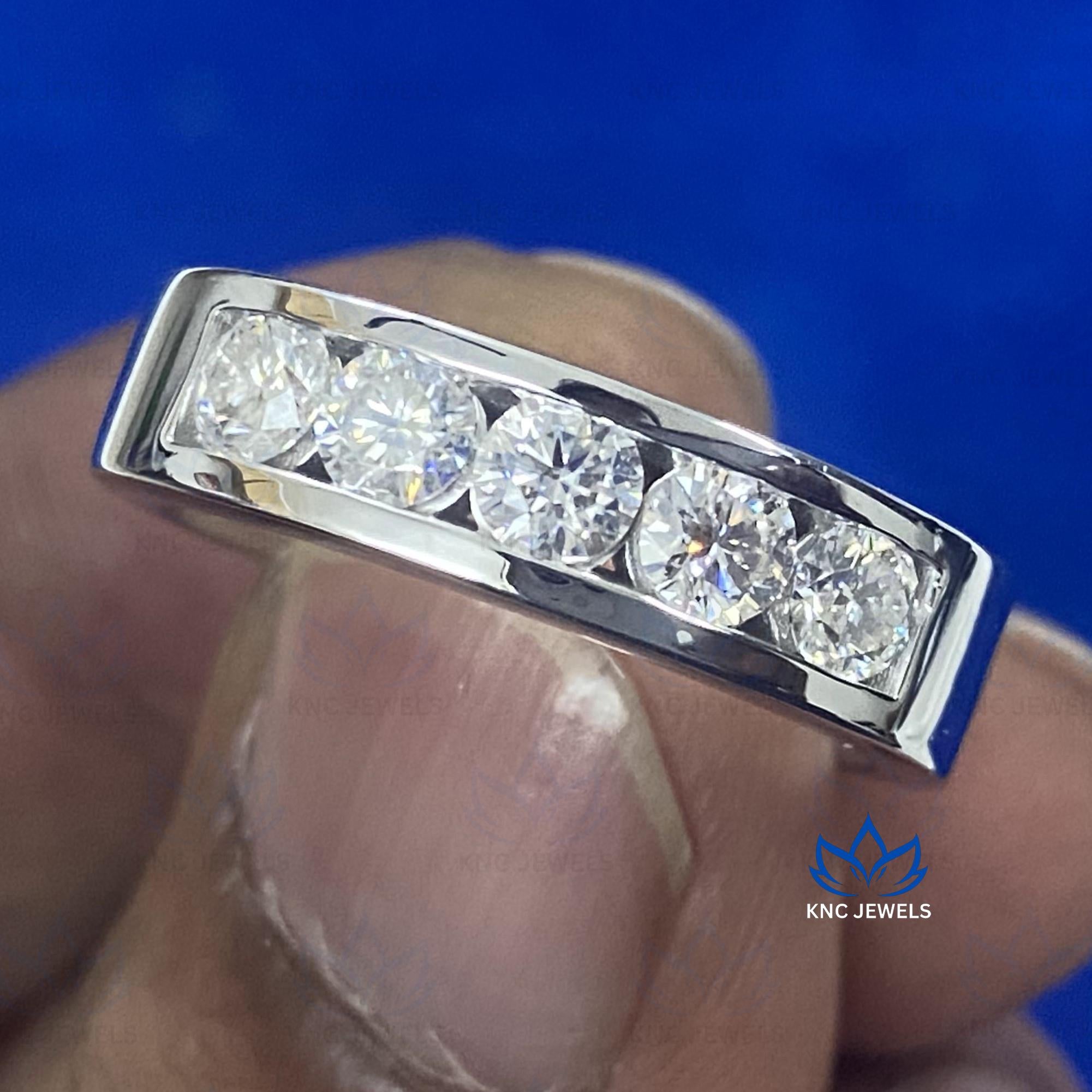 Mens Moissanite Eternity Band 925 Sterling Silver Wedding Ring Round Cut VVS1 D Color Art Deco Iced Out Lab Diamond Anniversary Gift