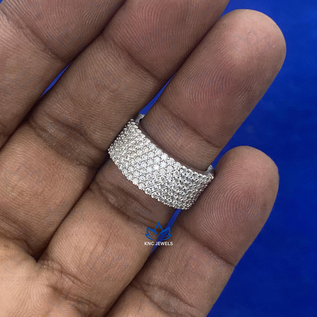 Moissanite Mens Eternity Band 5 Row VVS1 D Color Pave Set Round Cut White Gold Sterling Silver Wedding Ring Lab Grown Diamond Anniversary